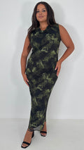 CurveWow Cowl Neck Mesh Midaxi Dress Green Brushstroke