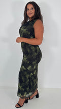 CurveWow Cowl Neck Mesh Midaxi Dress Green Brushstroke