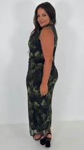CurveWow Cowl Neck Mesh Midaxi Dress Green Brushstroke