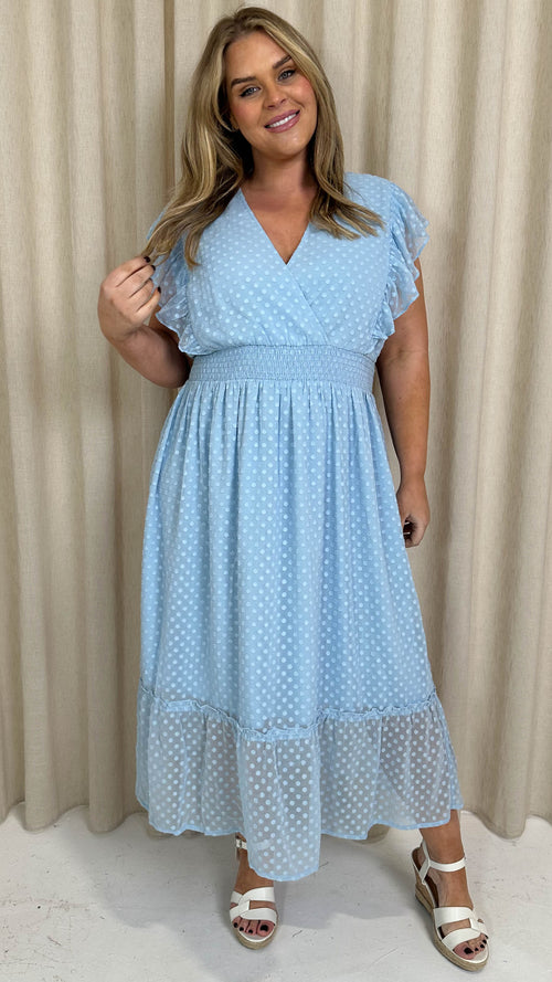 CurveWow Shirred Waist Frill Maxi Dress Light Blue
