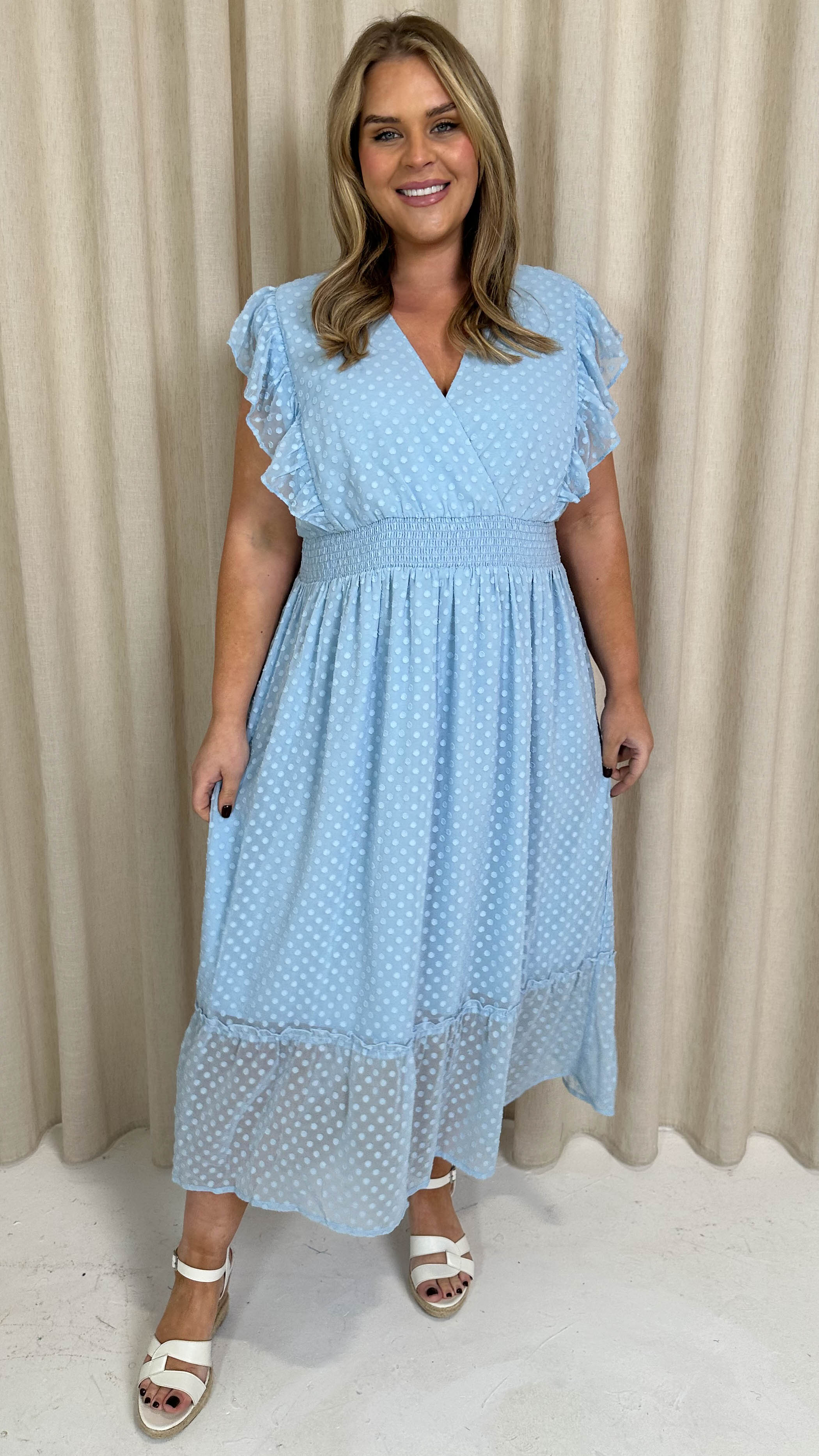 CurveWow Shirred Waist Frill Maxi Dress Light Blue