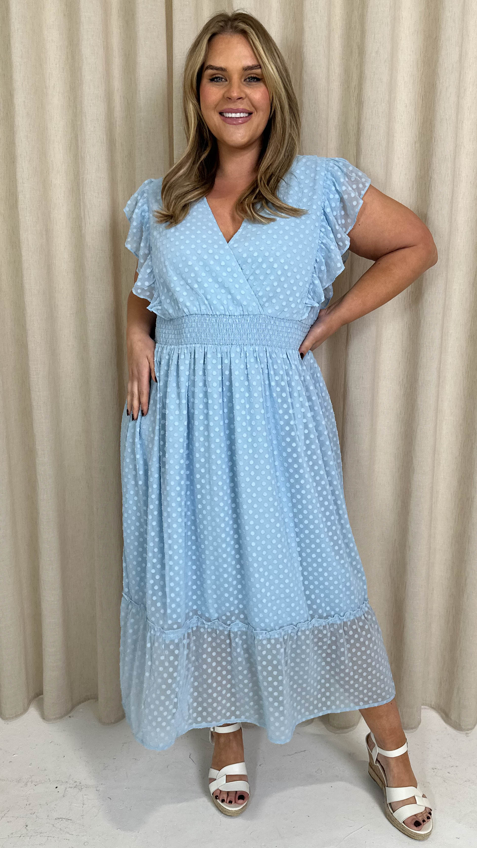 CurveWow Shirred Waist Frill Maxi Dress Light Blue
