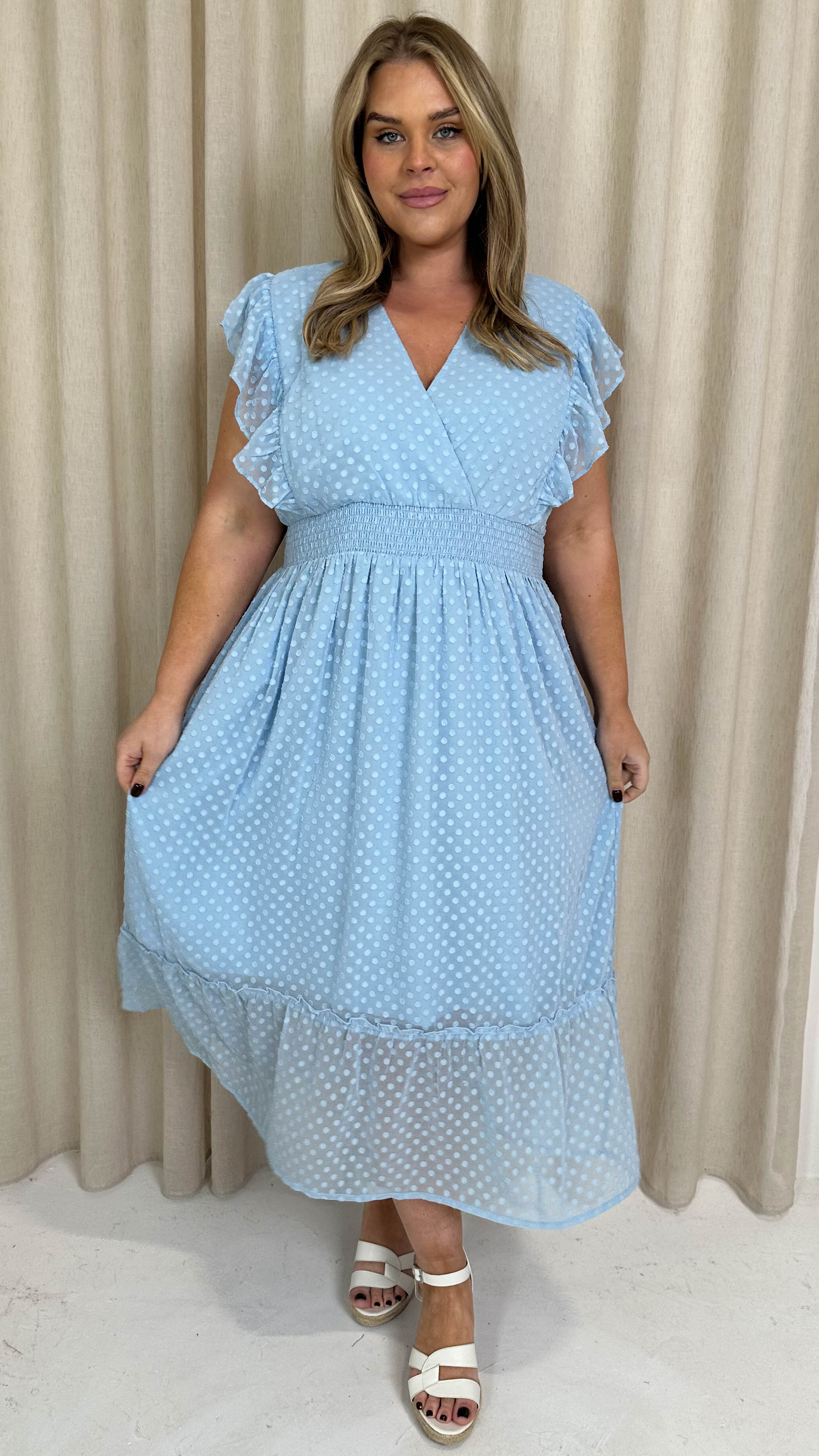 CurveWow Shirred Waist Frill Maxi Dress Light Blue