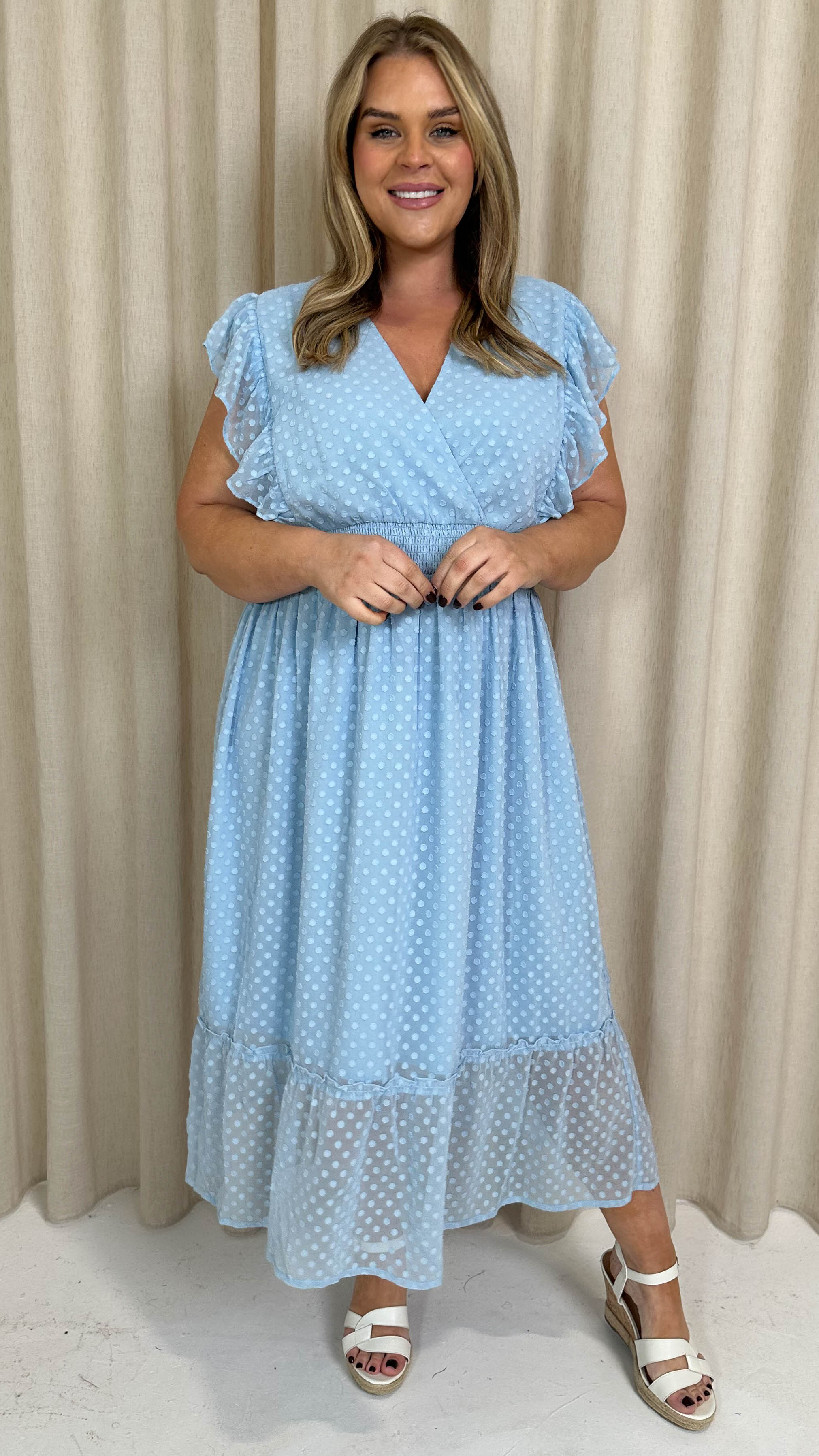 CurveWow Shirred Waist Frill Maxi Dress Light Blue