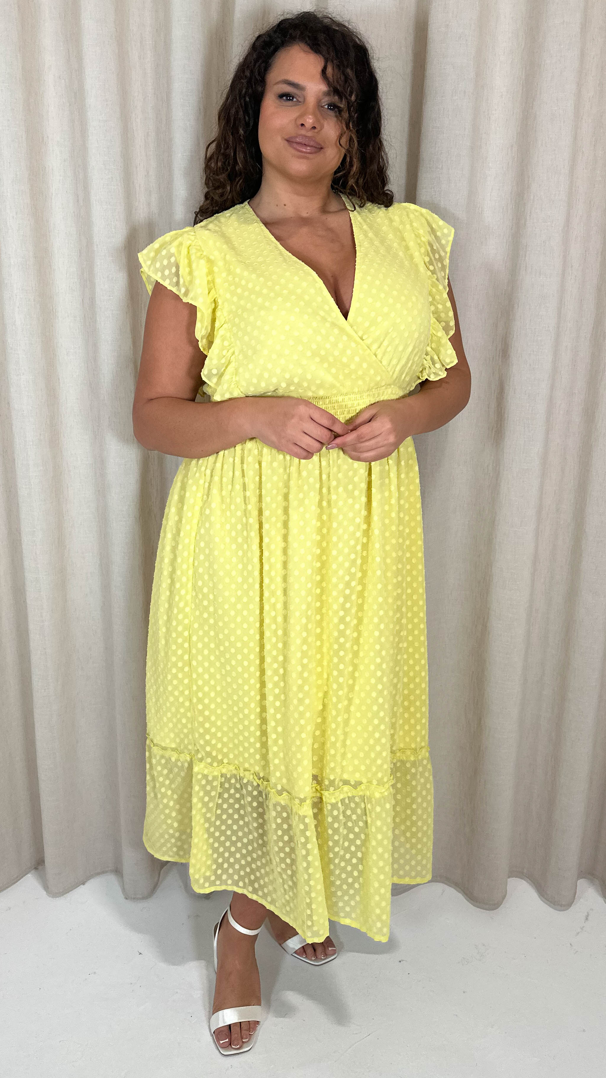 CurveWow Shirred Waist Frill Maxi Dress Lemon