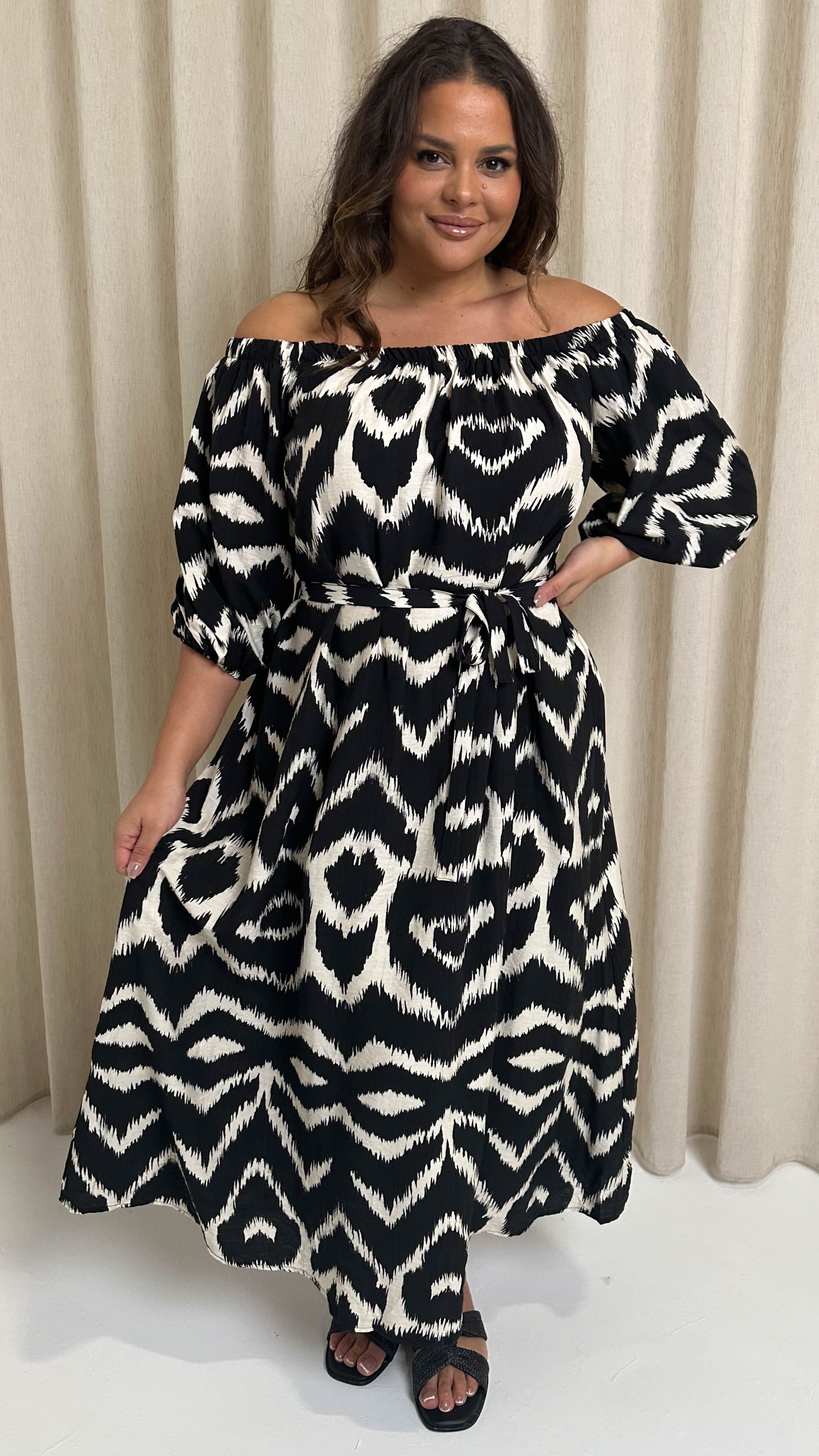 CurveWow Printed Tie Waist Midi Dress Mono Print