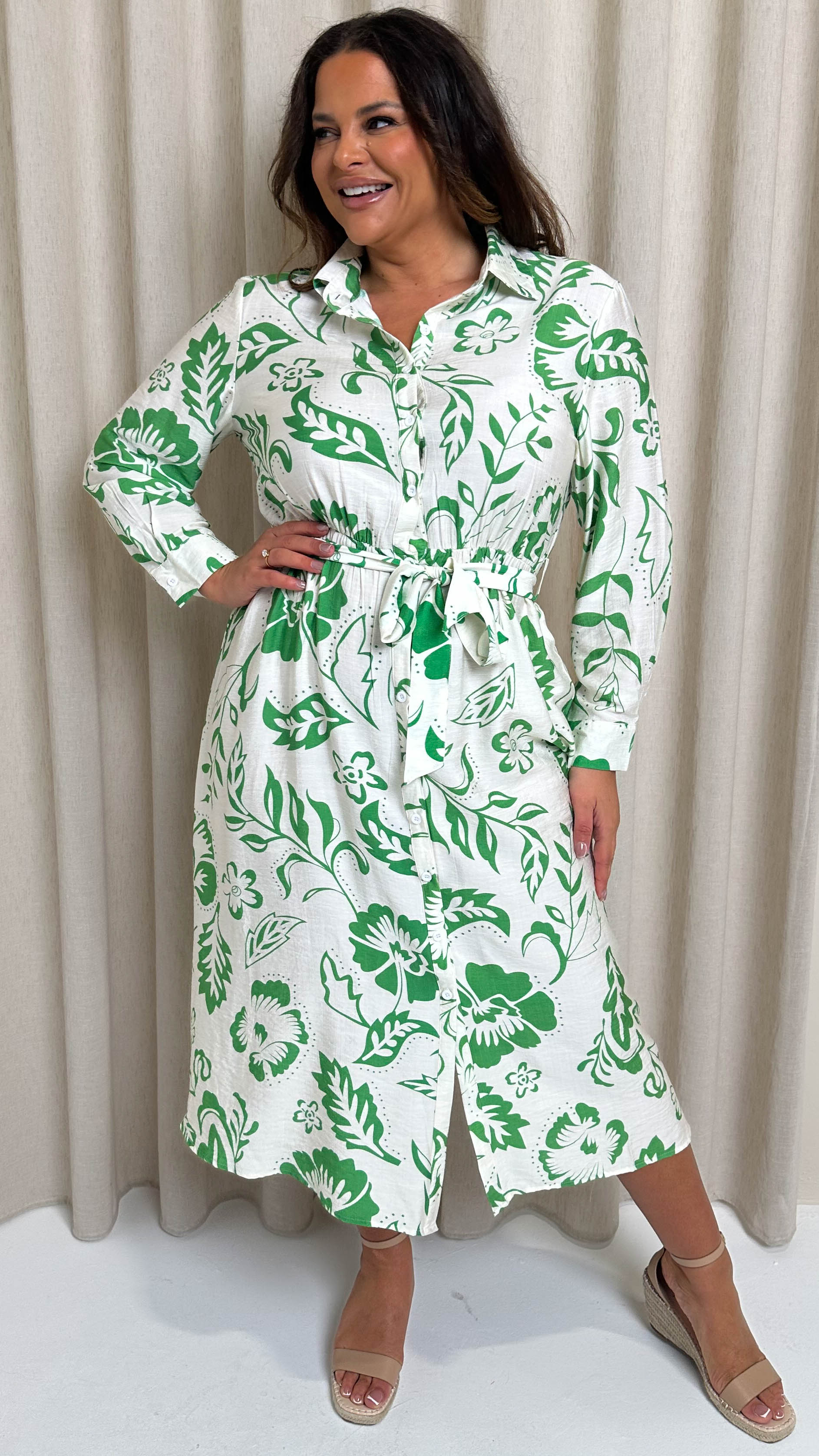 CurveWow Printed Shirt Midaxi Dress Green Floral