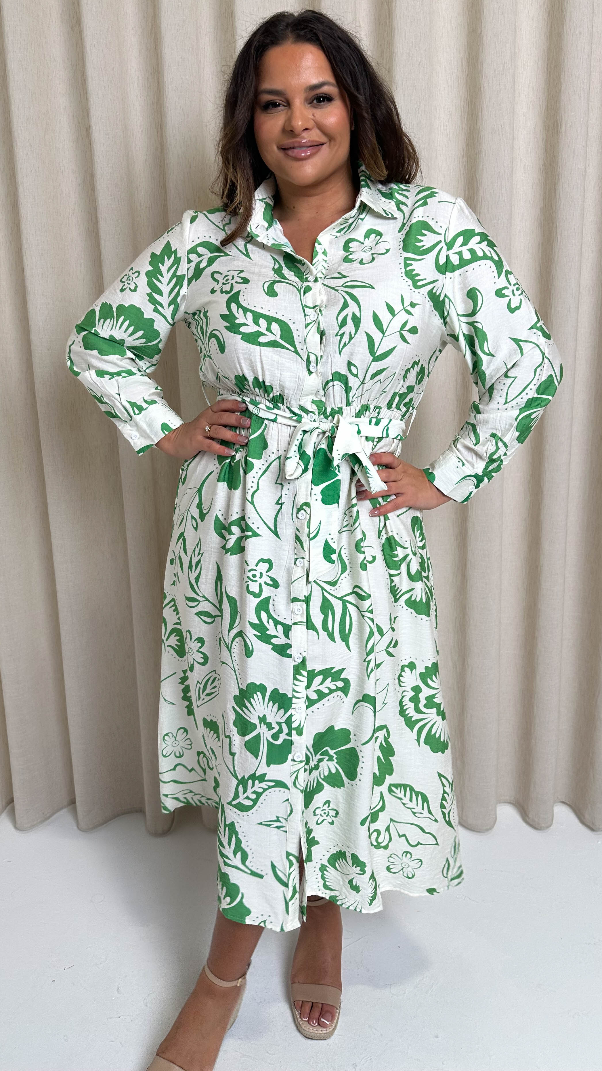 CurveWow Printed Shirt Midaxi Dress Green Floral