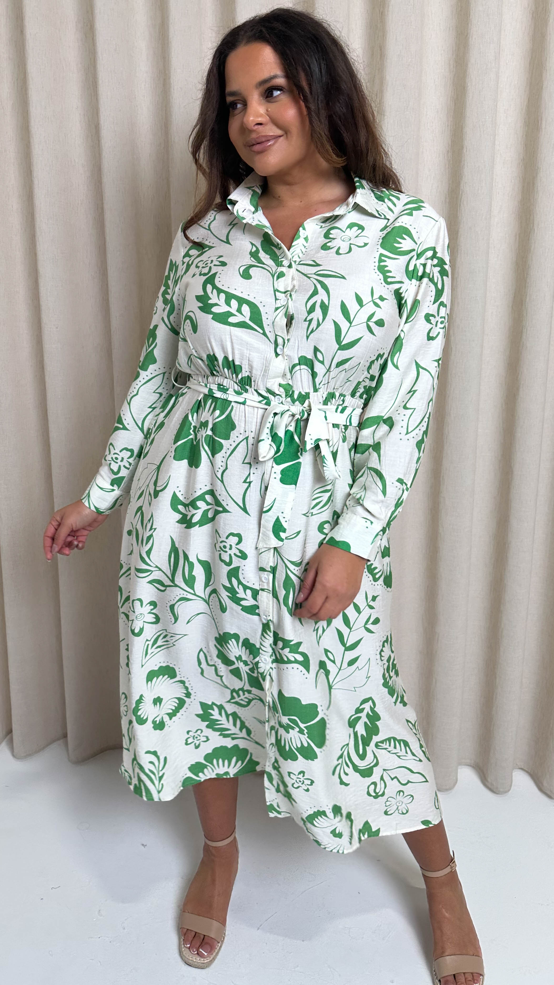 CurveWow Printed Shirt Midaxi Dress Green Floral