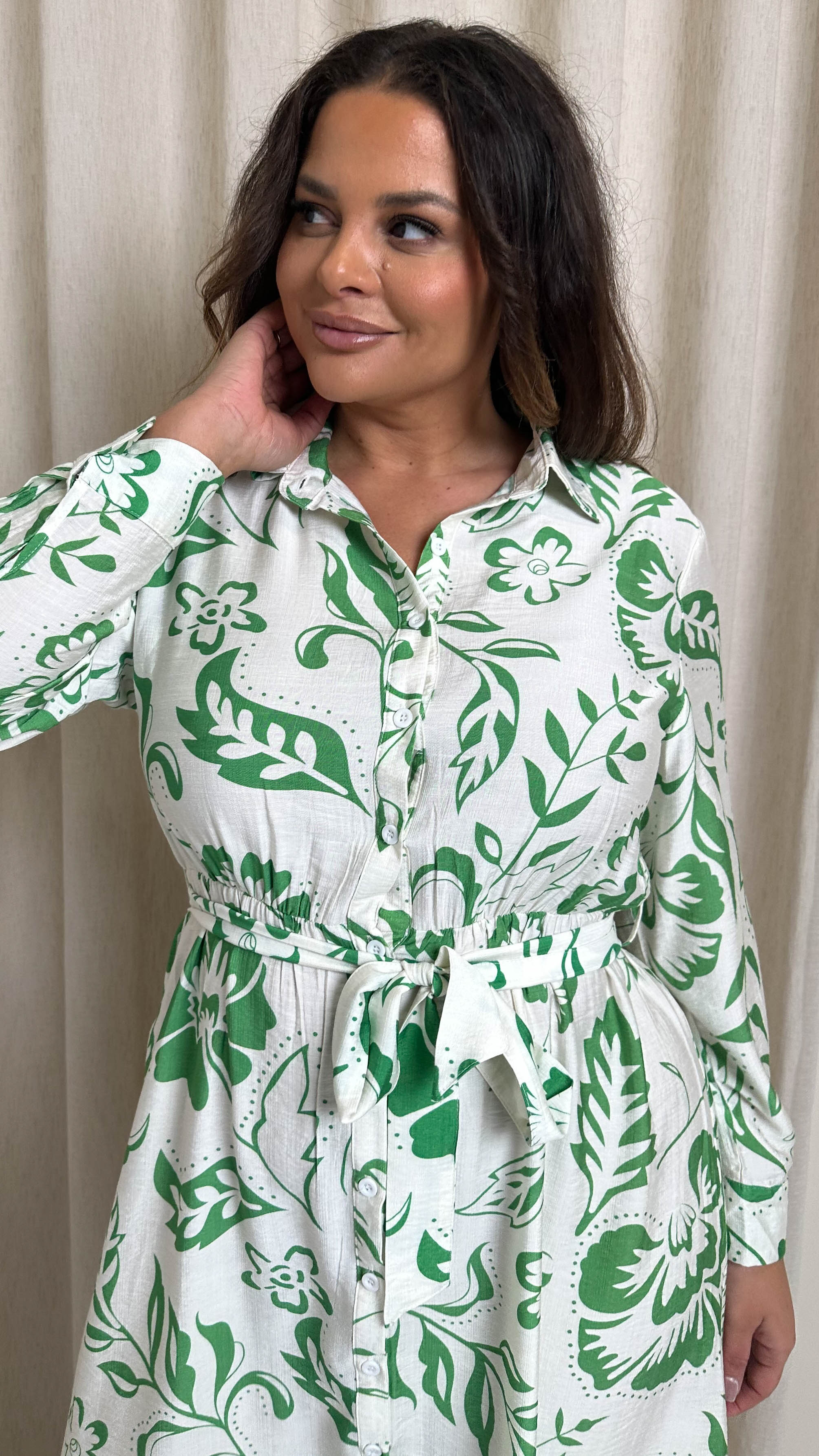 CurveWow Printed Shirt Midaxi Dress Green Floral