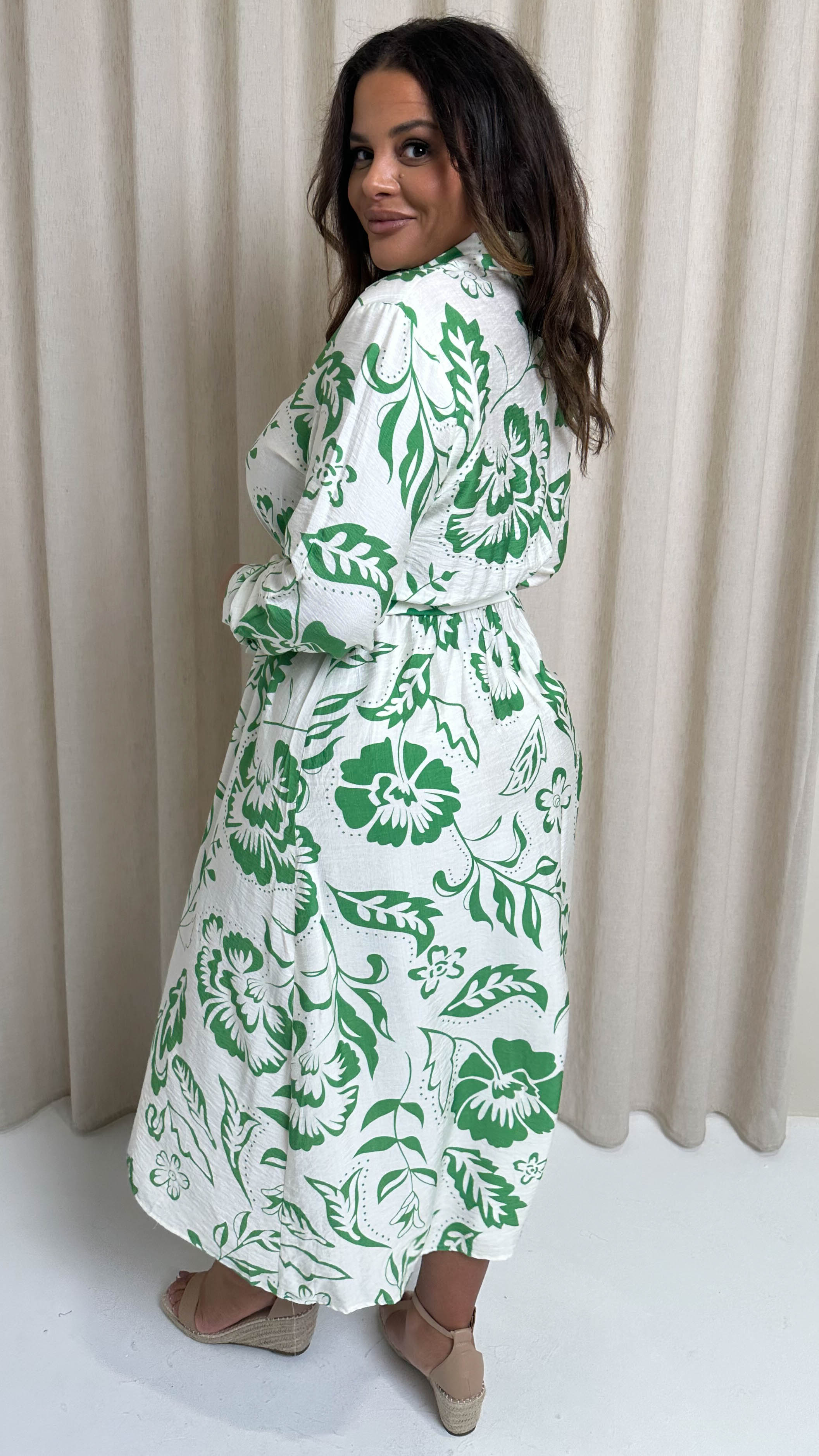 CurveWow Printed Shirt Midaxi Dress Green Floral