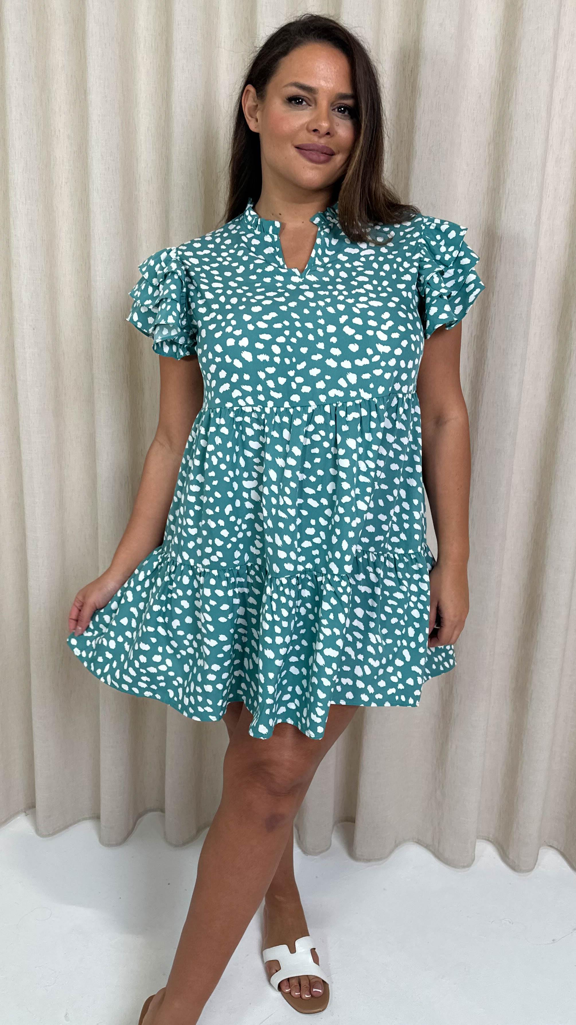 CurveWow Fluted Sleeve Smock Dress Green Smudge