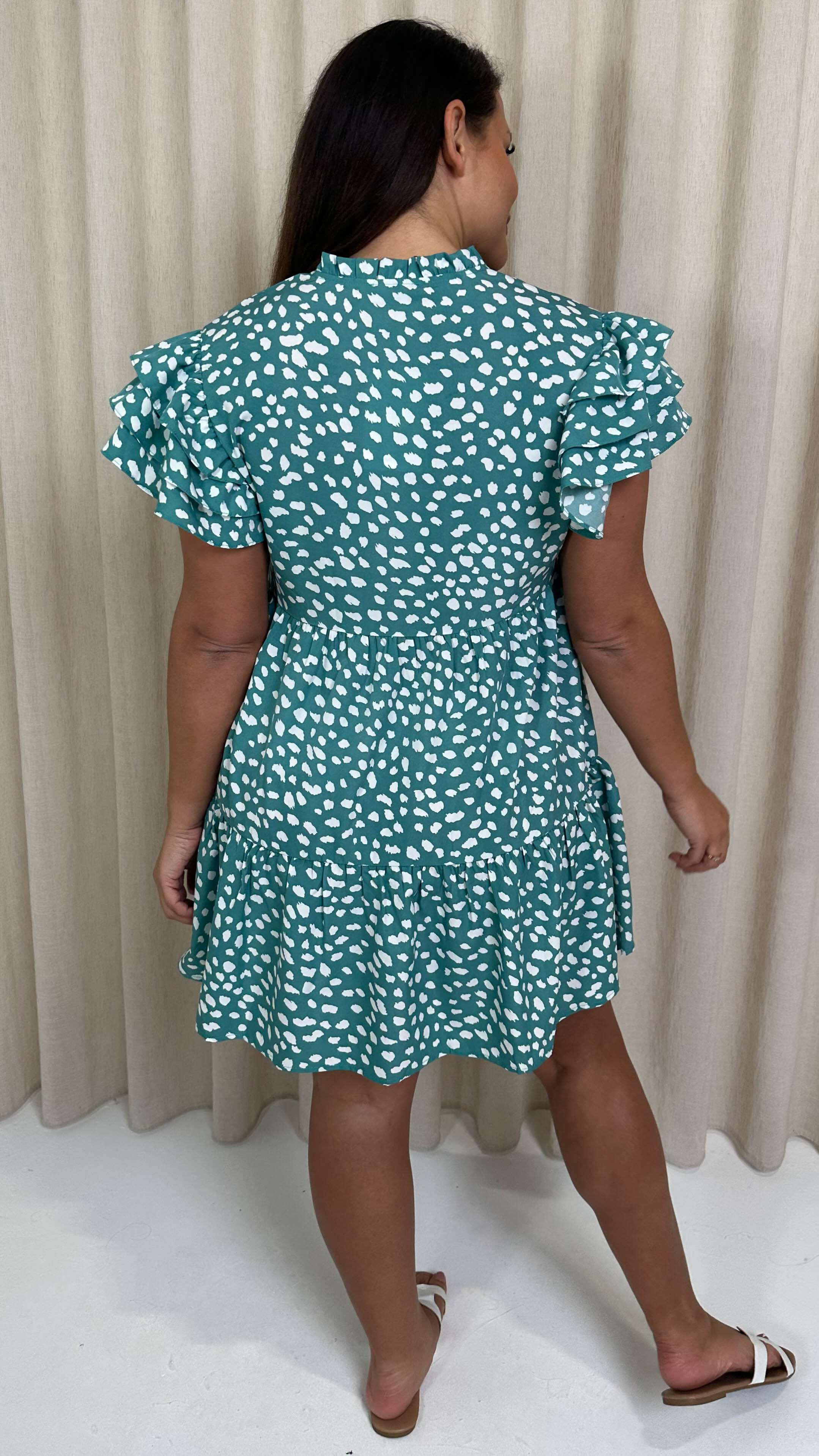 CurveWow Fluted Sleeve Smock Dress Green Smudge