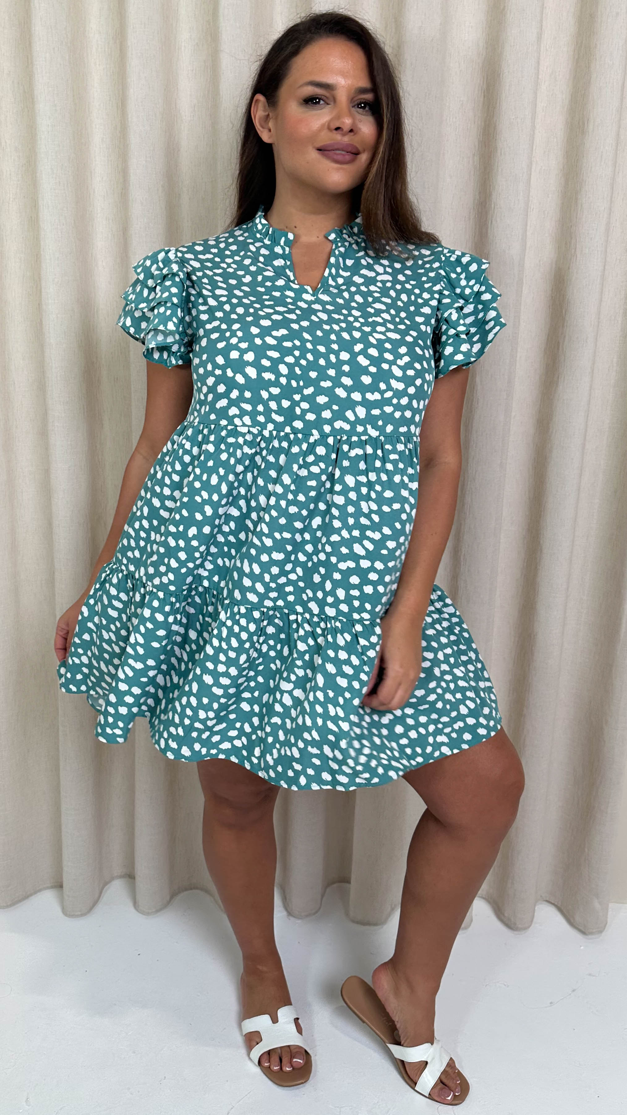 CurveWow Fluted Sleeve Smock Dress Green Smudge