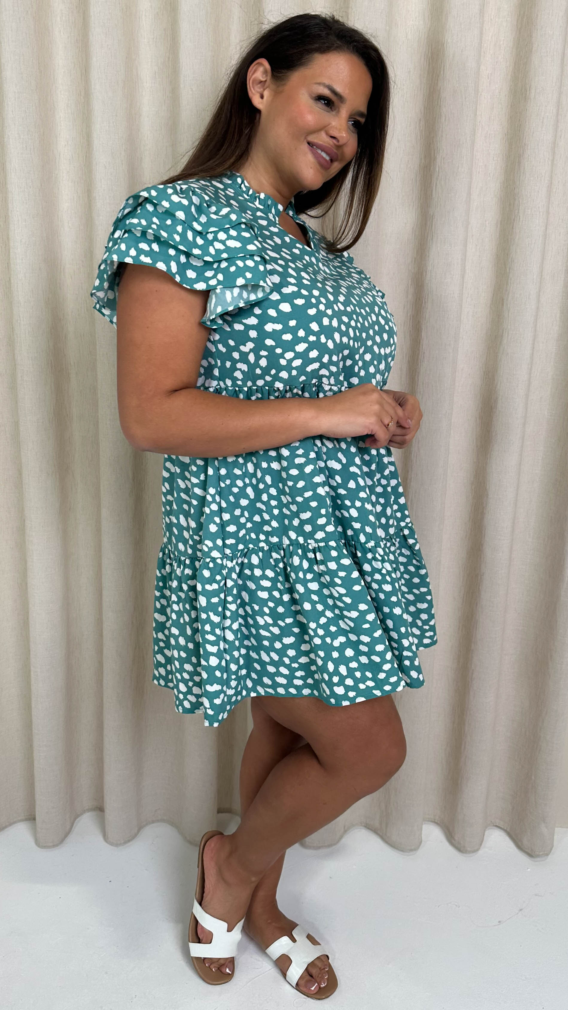 CurveWow Fluted Sleeve Smock Dress Green Smudge