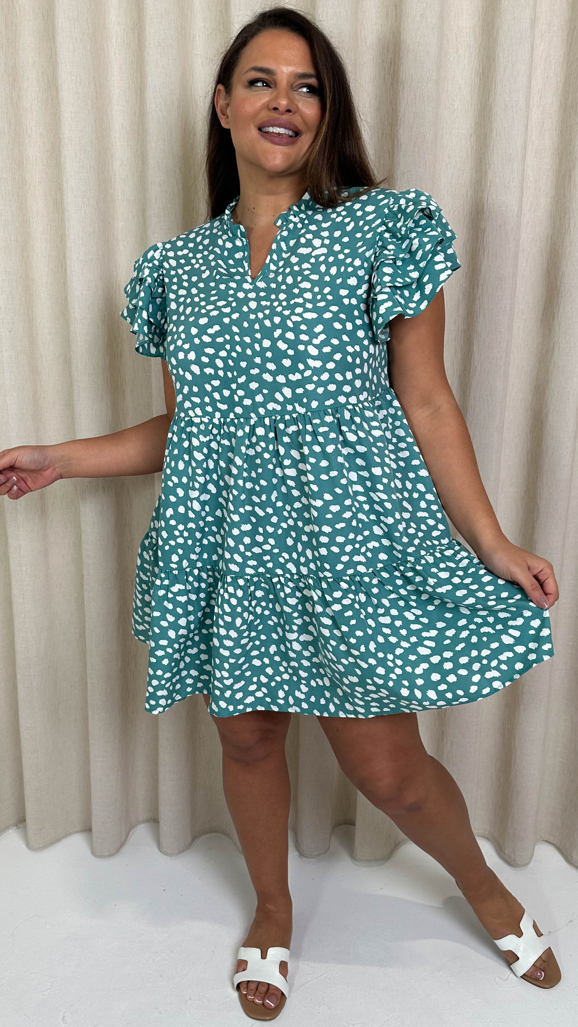 CurveWow Fluted Sleeve Smock Dress Green Smudge