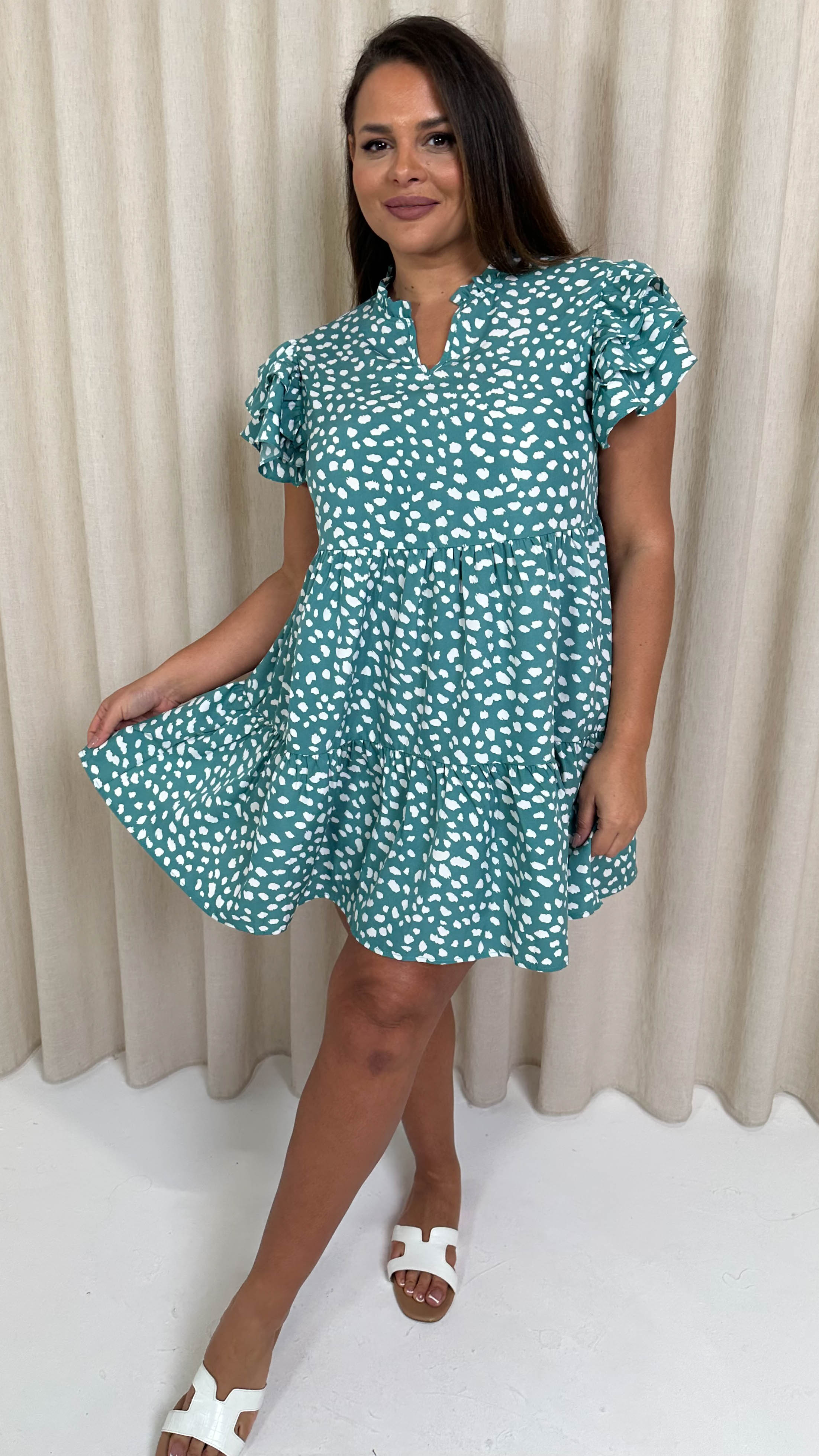 CurveWow Fluted Sleeve Smock Dress Green Smudge