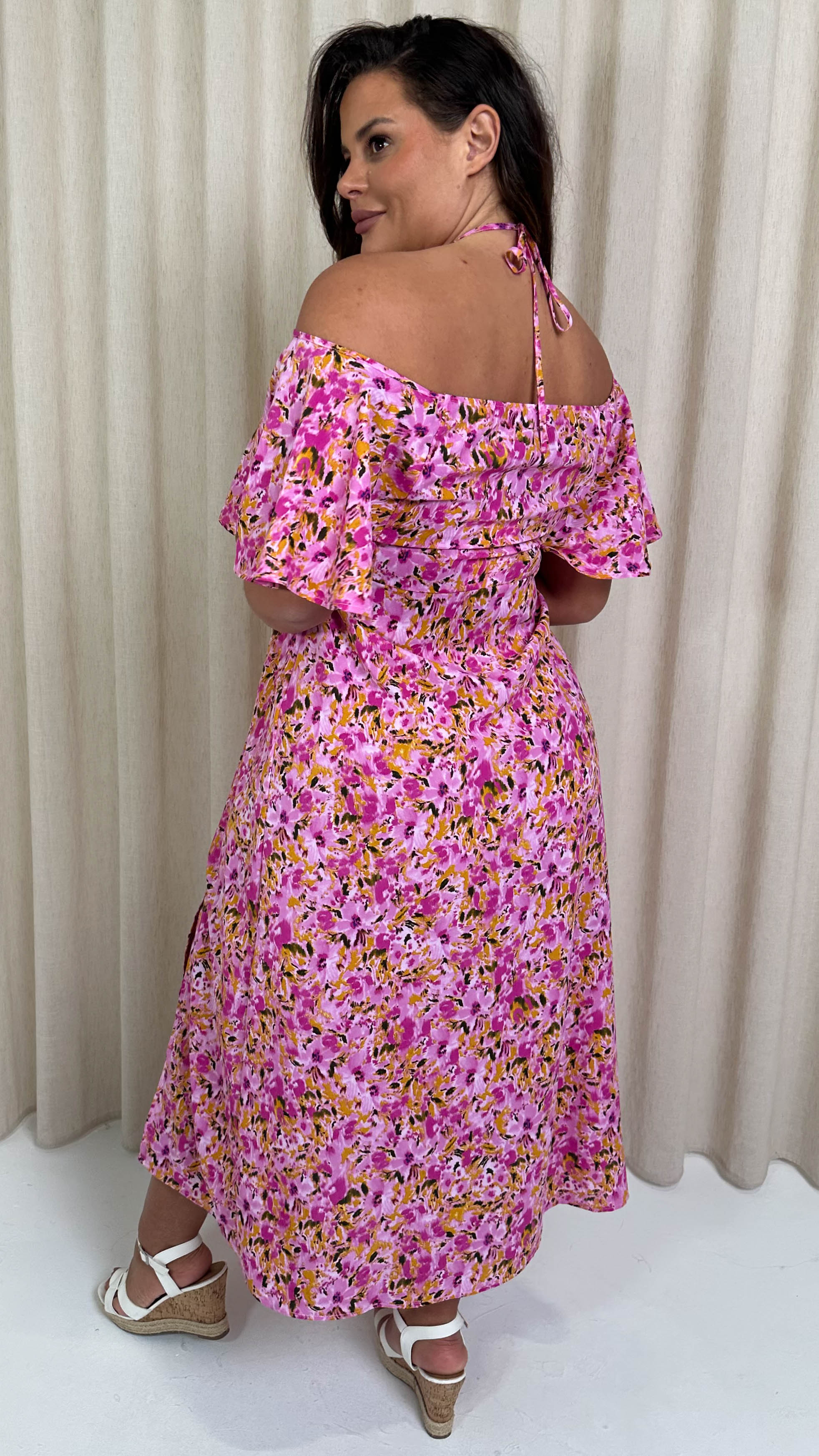 CurveWow Keyhole Cold Shoulder Midi Dress Pink Floral