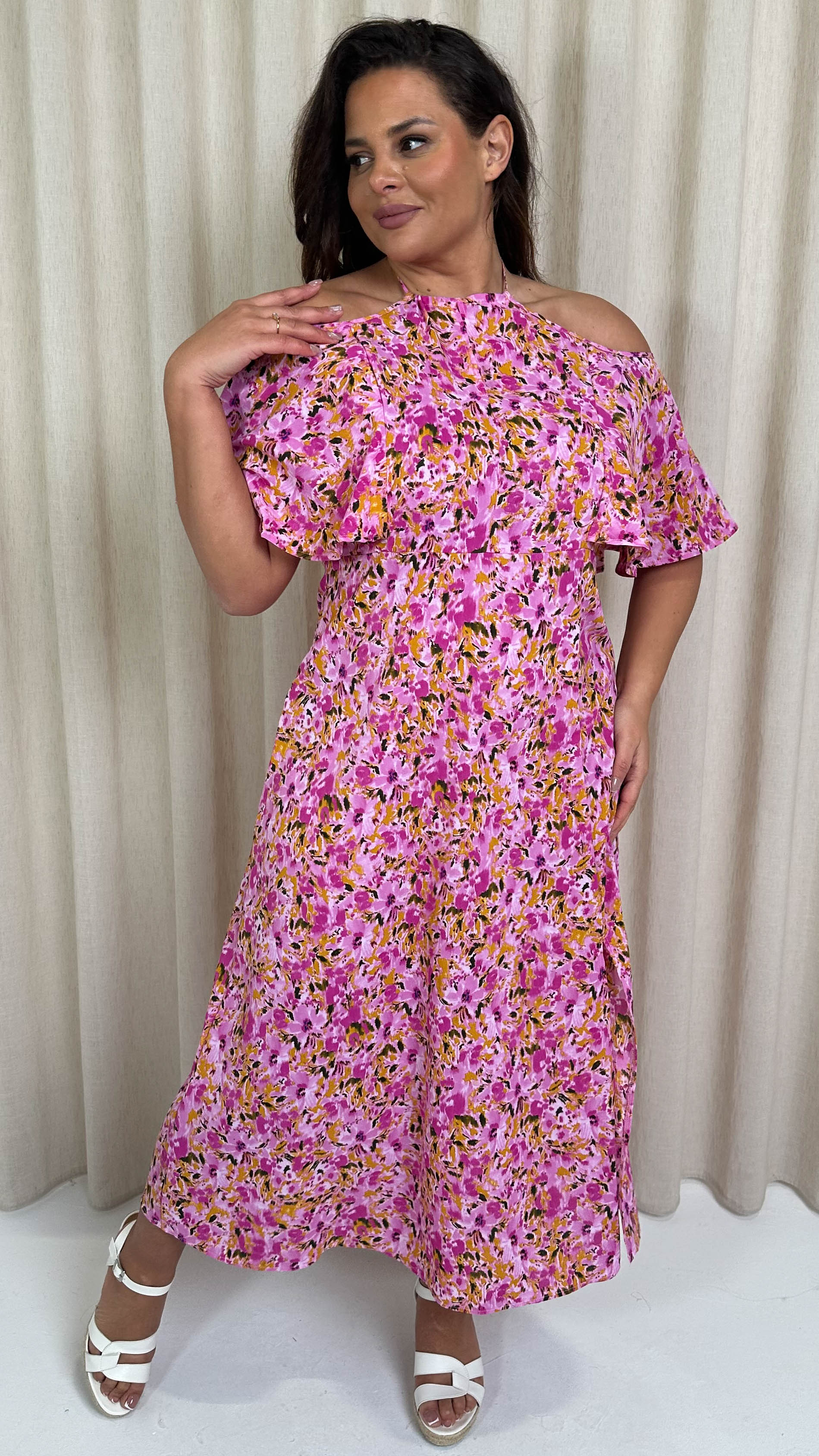CurveWow Keyhole Cold Shoulder Midi Dress Pink Floral