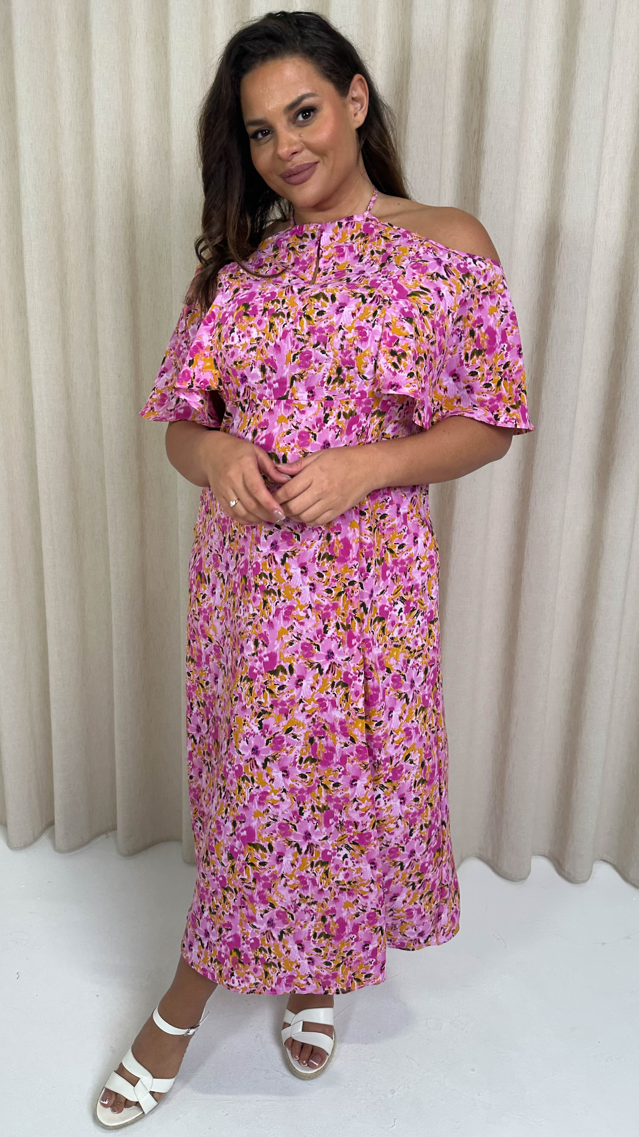 CurveWow Keyhole Cold Shoulder Midi Dress Pink Floral