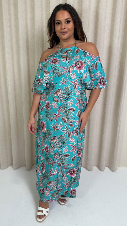 CurveWow Keyhole Cold Shoulder Maxi Dress Turquoise Palm Print