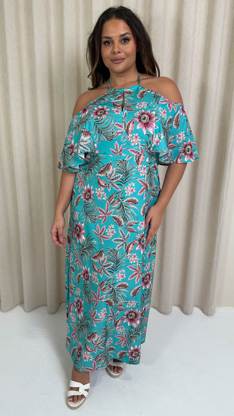 CurveWow Keyhole Cold Shoulder Maxi Dress Turquoise Palm Print