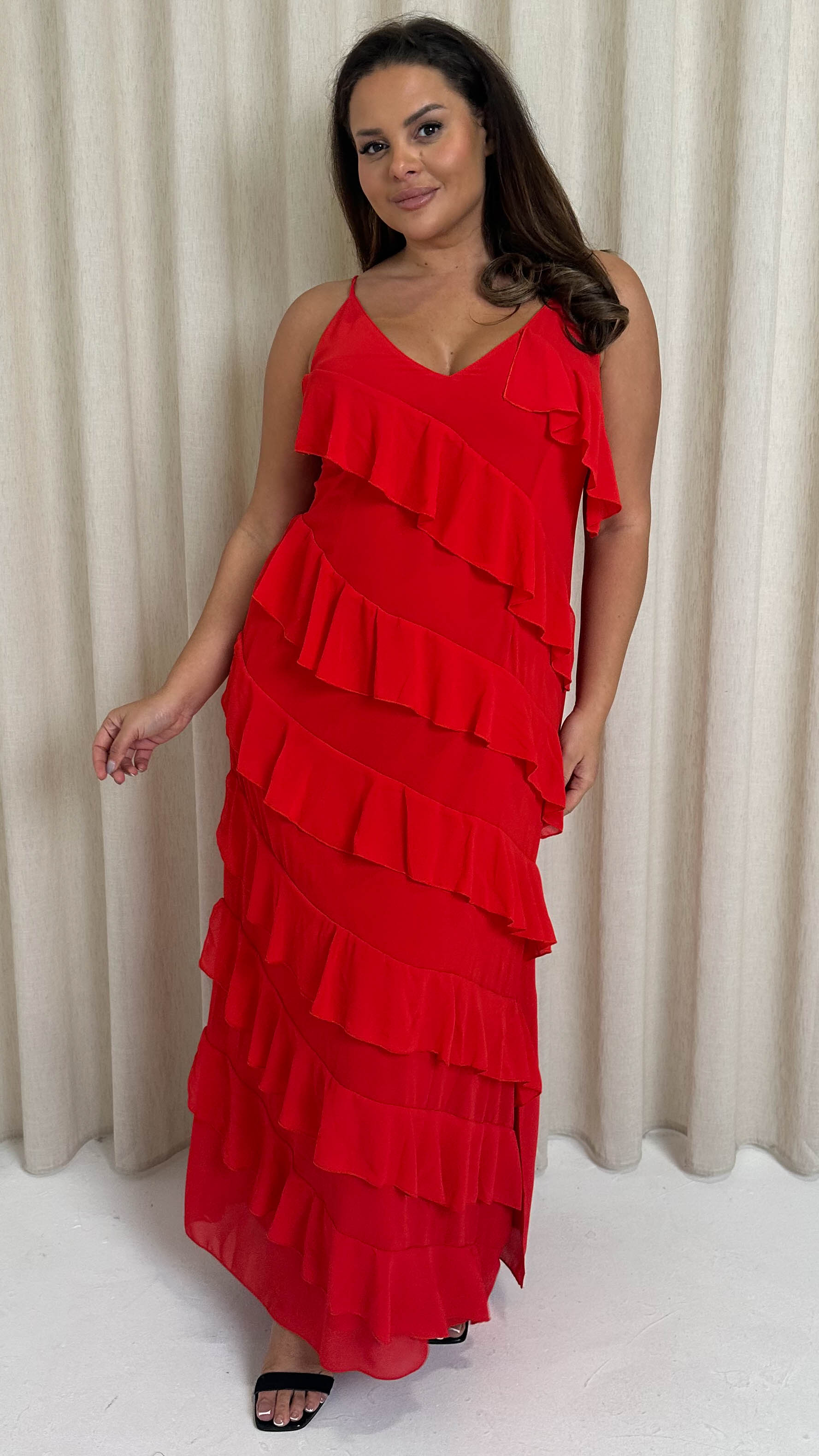 CurveWow Ruffle Tiered Maxi Dress Red Curvewow CurveWow Ruffle Tiered Maxi Dress Red Curvewow