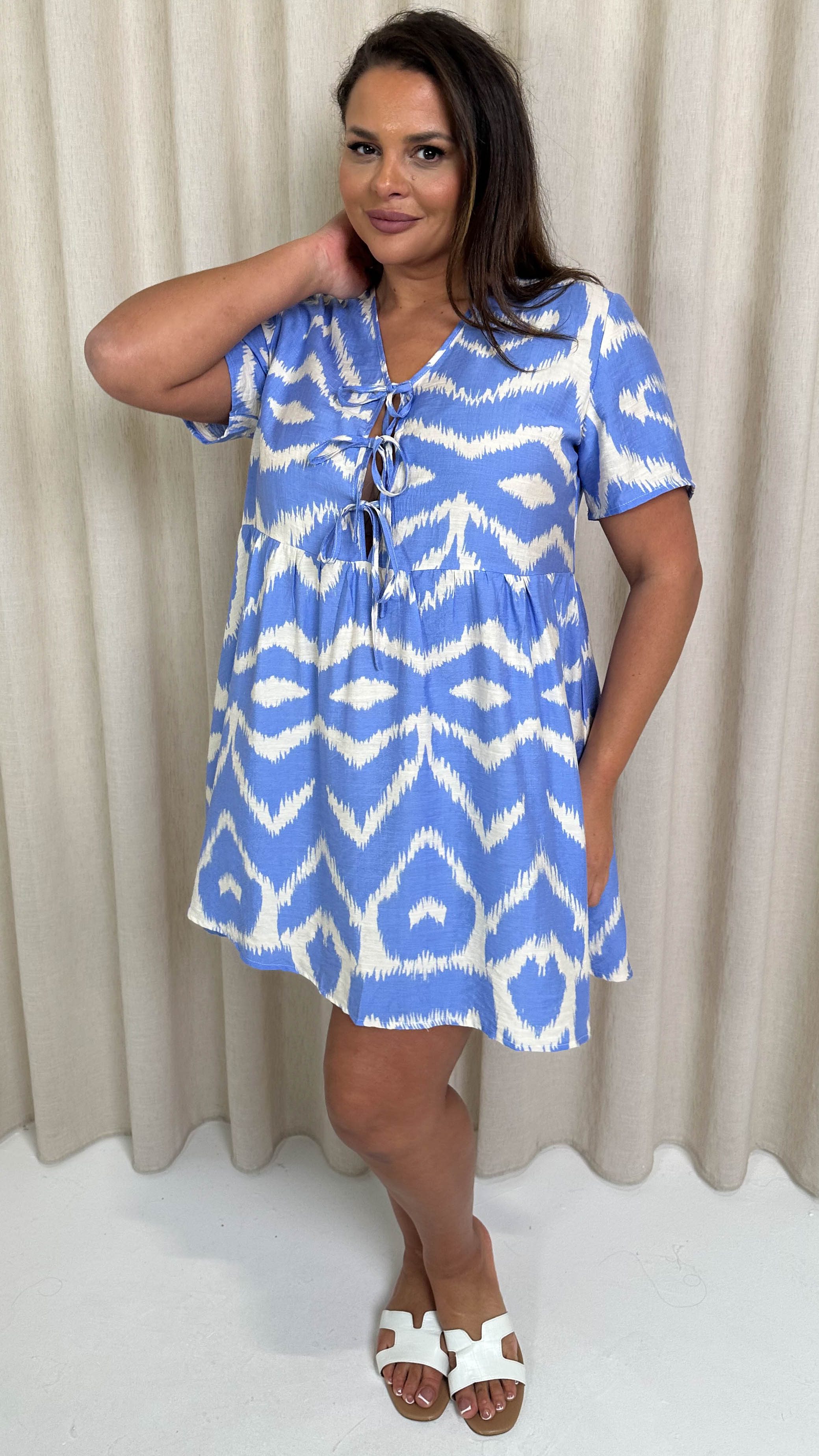 CurveWow Printed Tie Front Smock Dress Blue Aztec