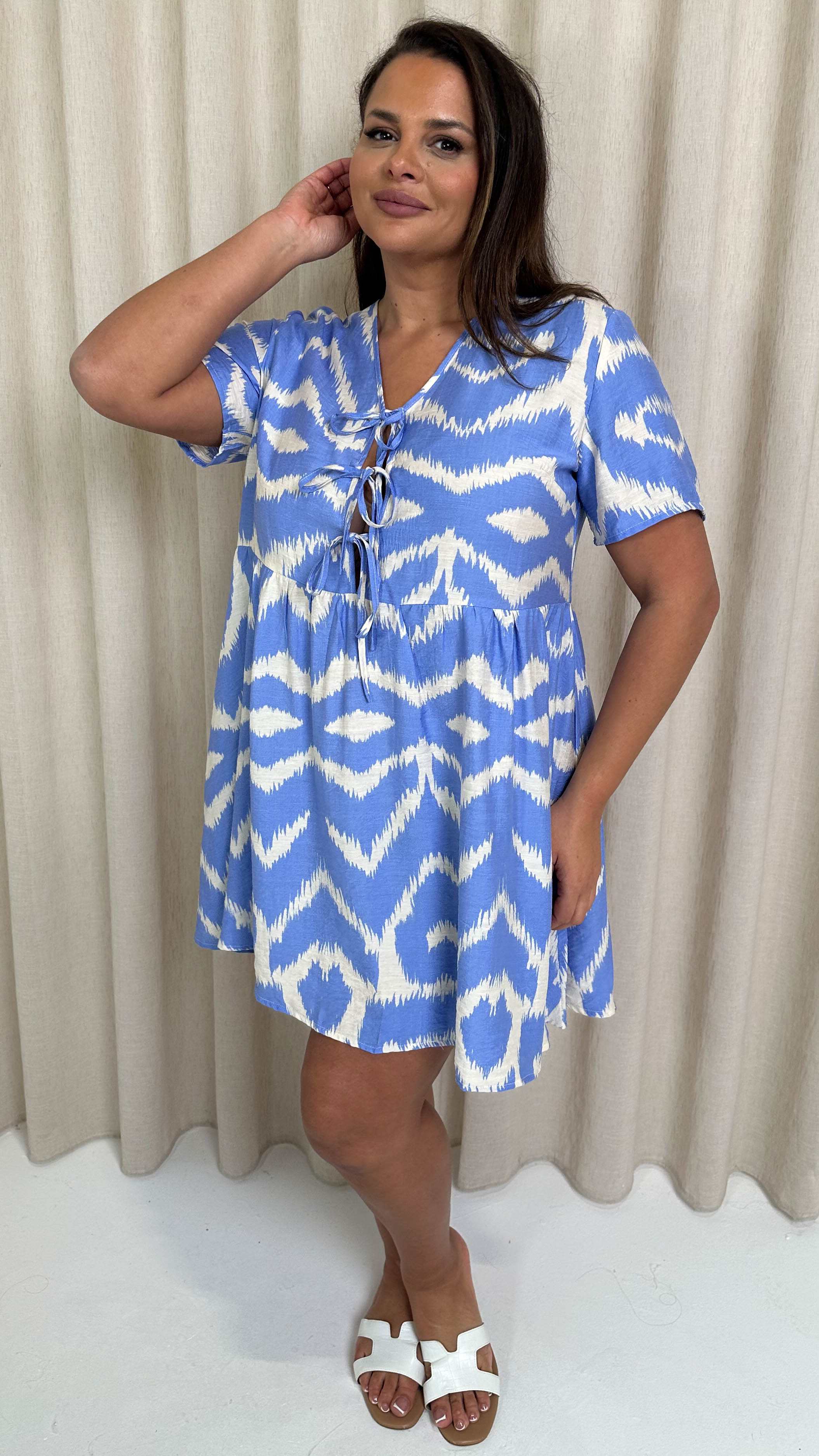 CurveWow Printed Tie Front Smock Dress Blue Aztec