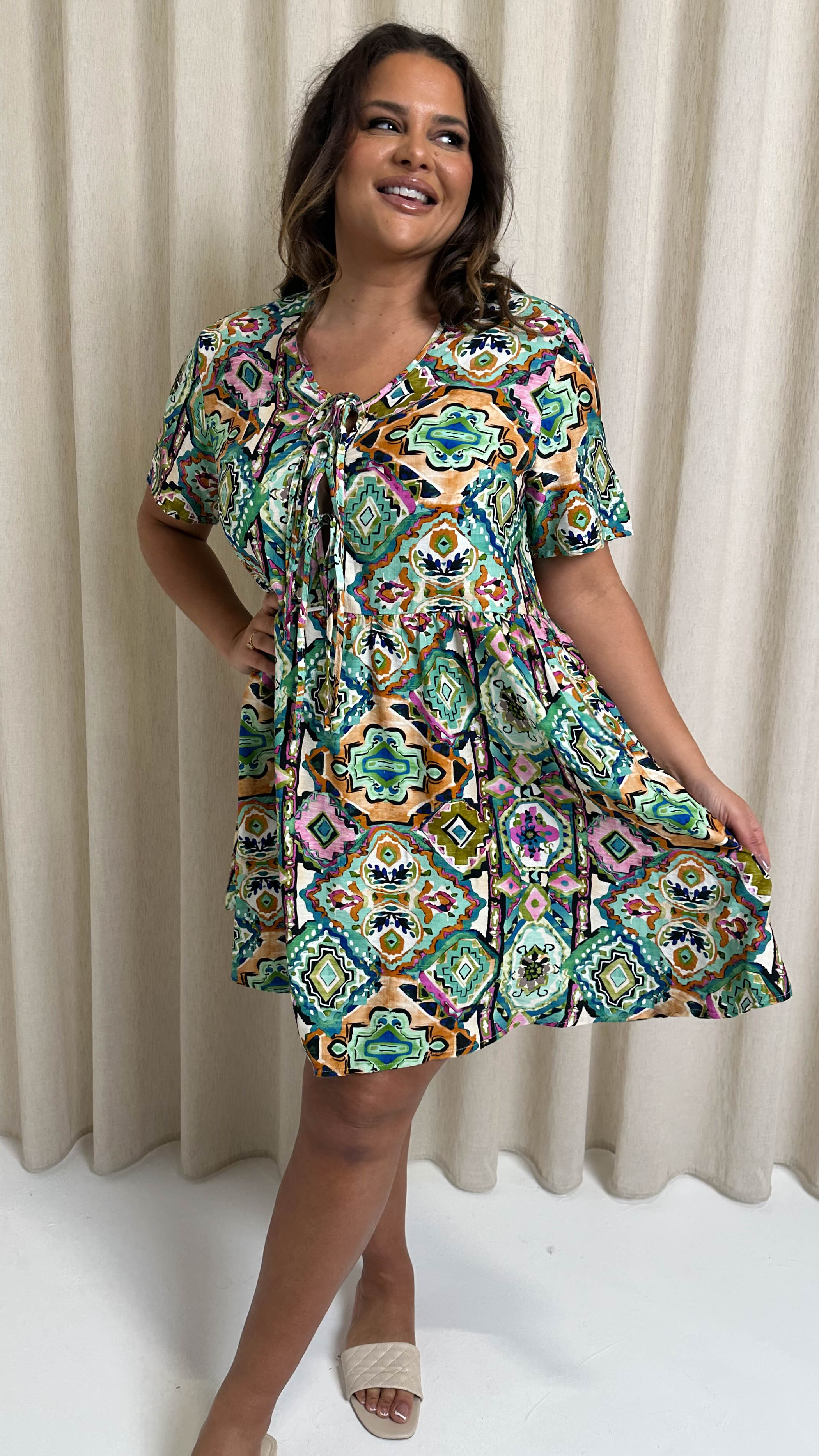 CurveWow Printed Tie Front Smock Dress Multi Aztec