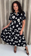 CurveWow Notch Neck Midi Dress Mono Floral Print