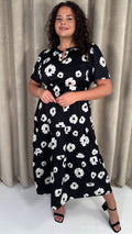 CurveWow Notch Neck Midi Dress Mono Floral Print