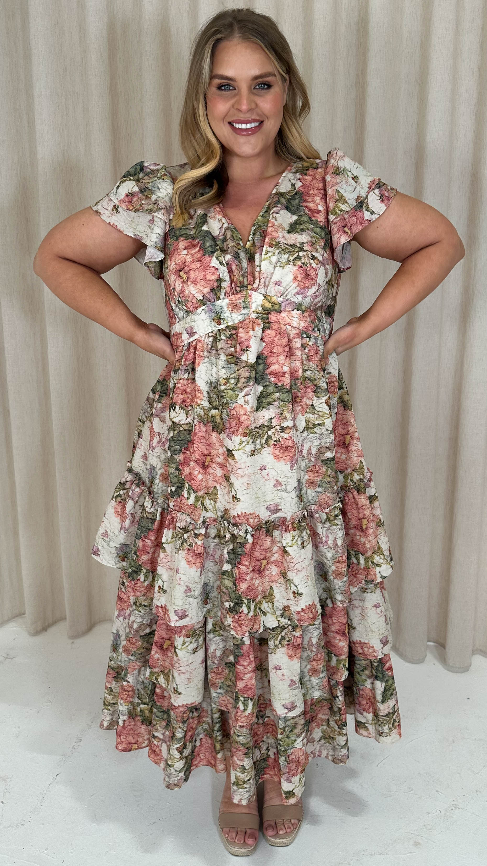 CurveWow Tiered Sleeve Maxi Dress Ivory Floral