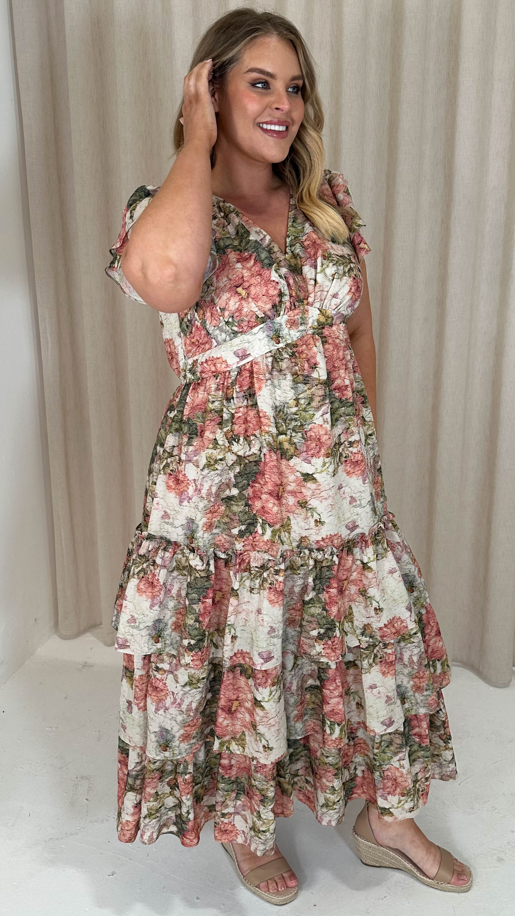 CurveWow Tiered Sleeve Maxi Dress Ivory Floral