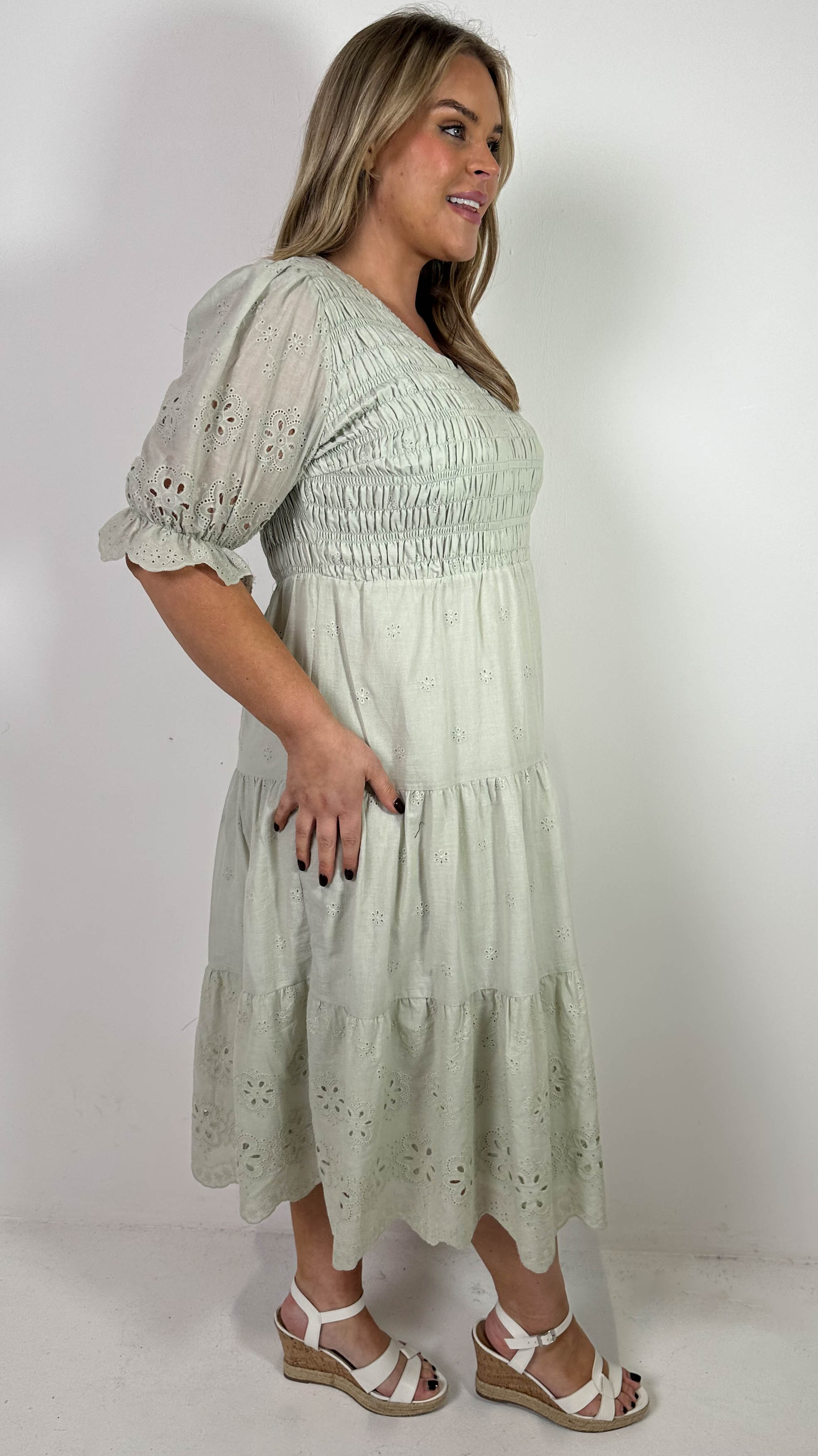 CurveWow Shirred Broderie Tea Dress Stone