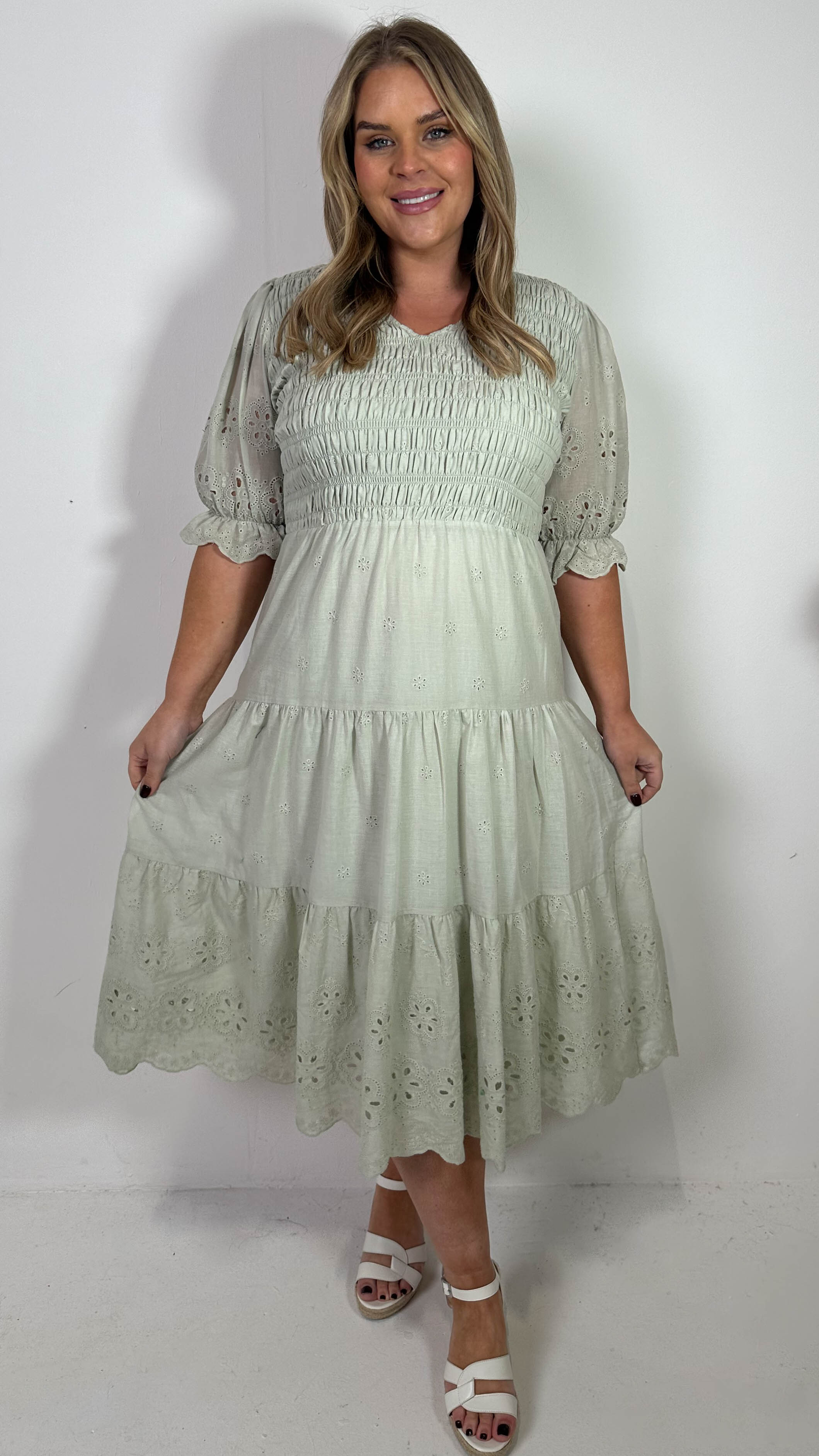 CurveWow Shirred Broderie Tea Dress Stone