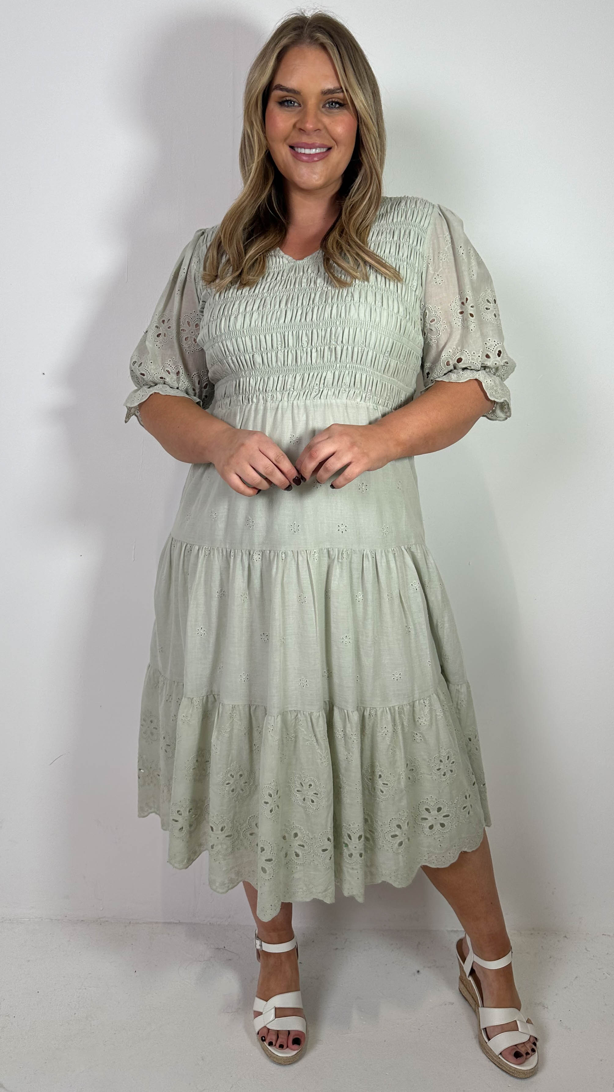 CurveWow Shirred Broderie Tea Dress Stone