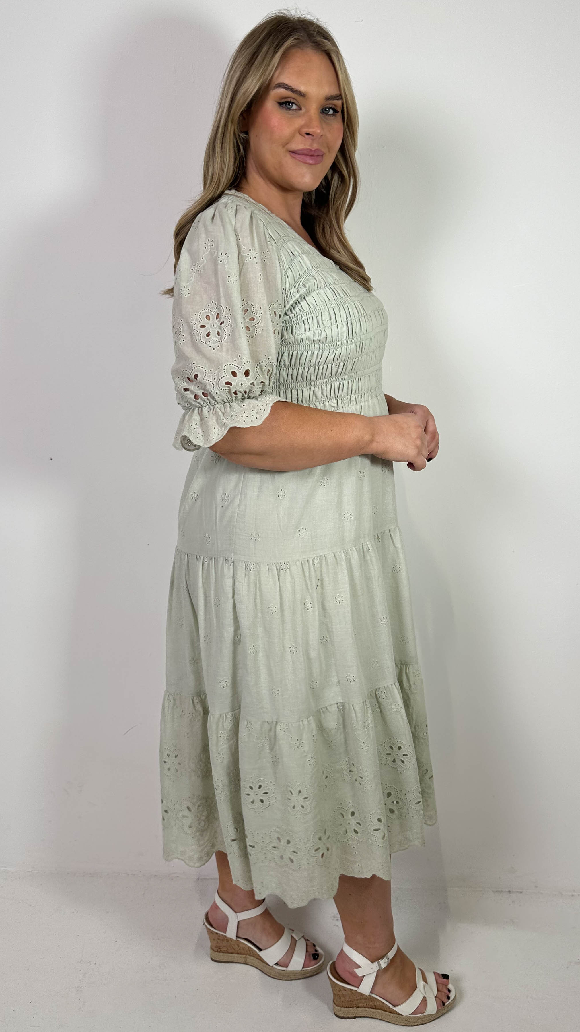 CurveWow Shirred Broderie Tea Dress Stone