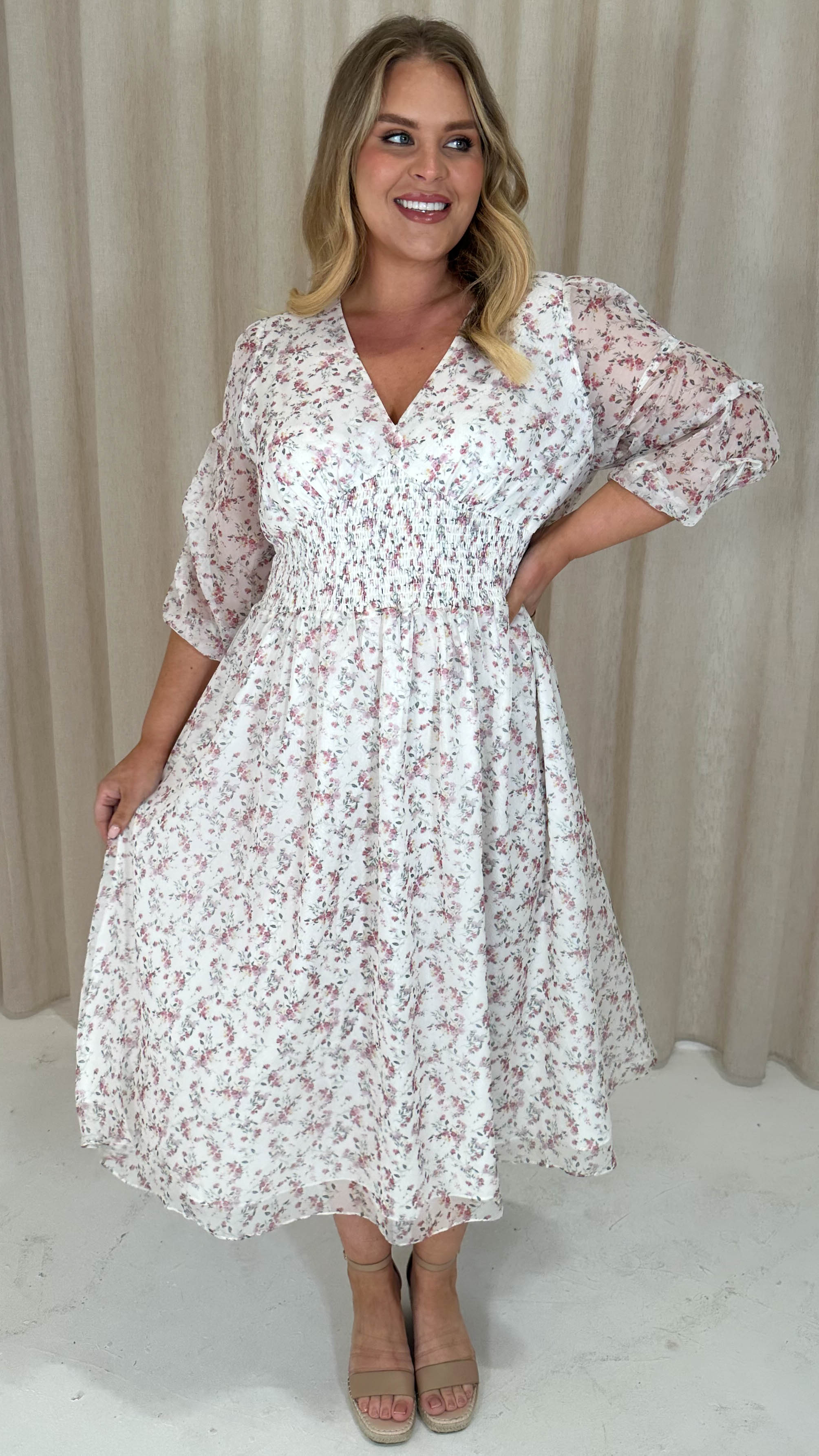 CurveWow Ruched Sleeve Floral Tea Dress White