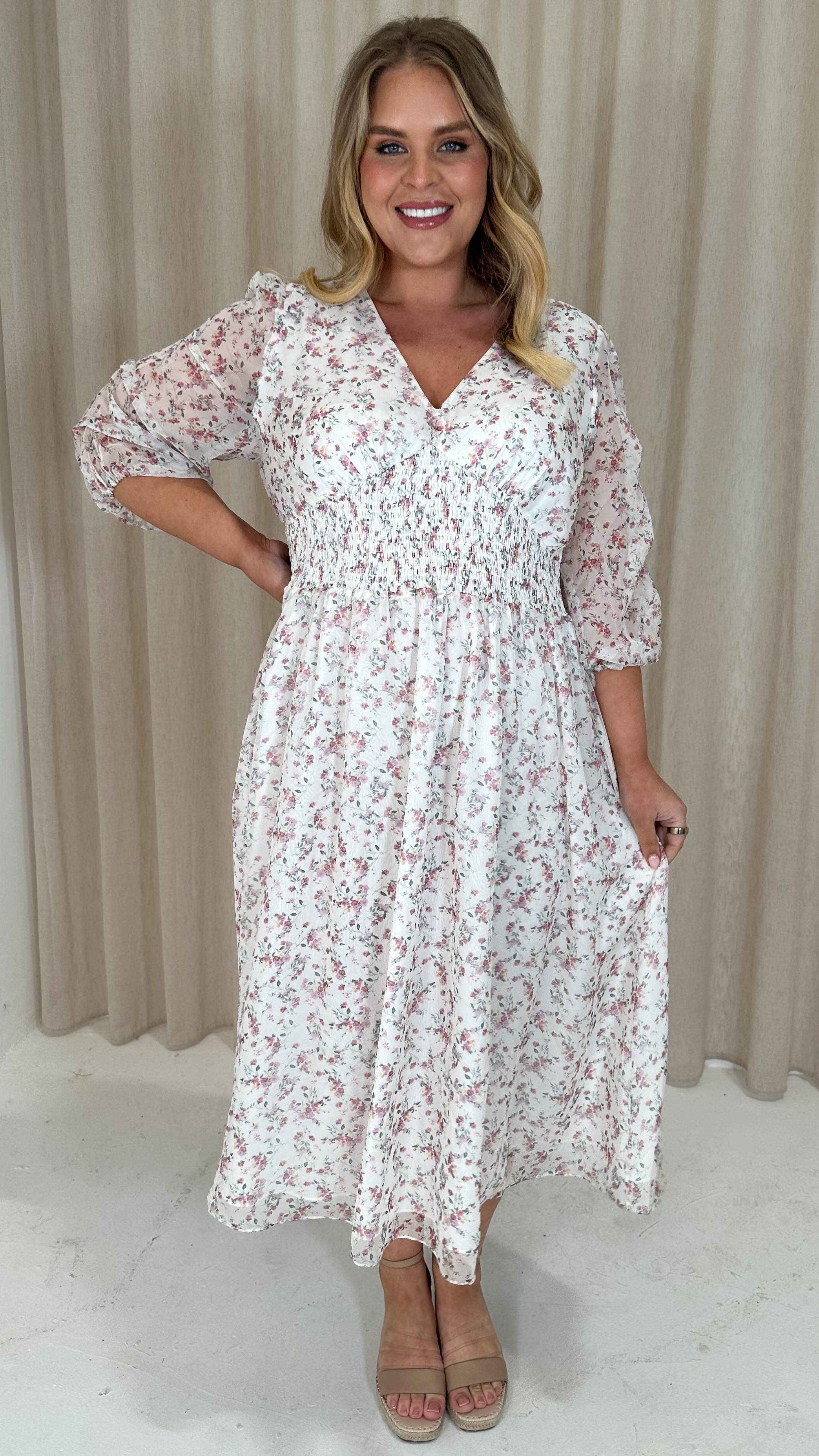 CurveWow Ruched Sleeve Floral Tea Dress White