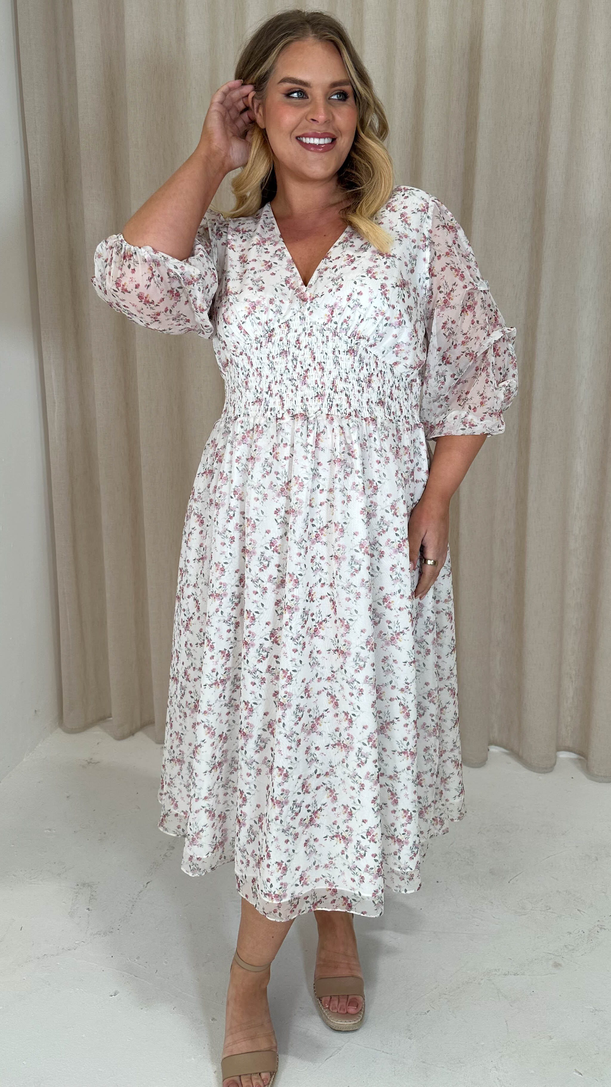 CurveWow Ruched Sleeve Floral Tea Dress White
