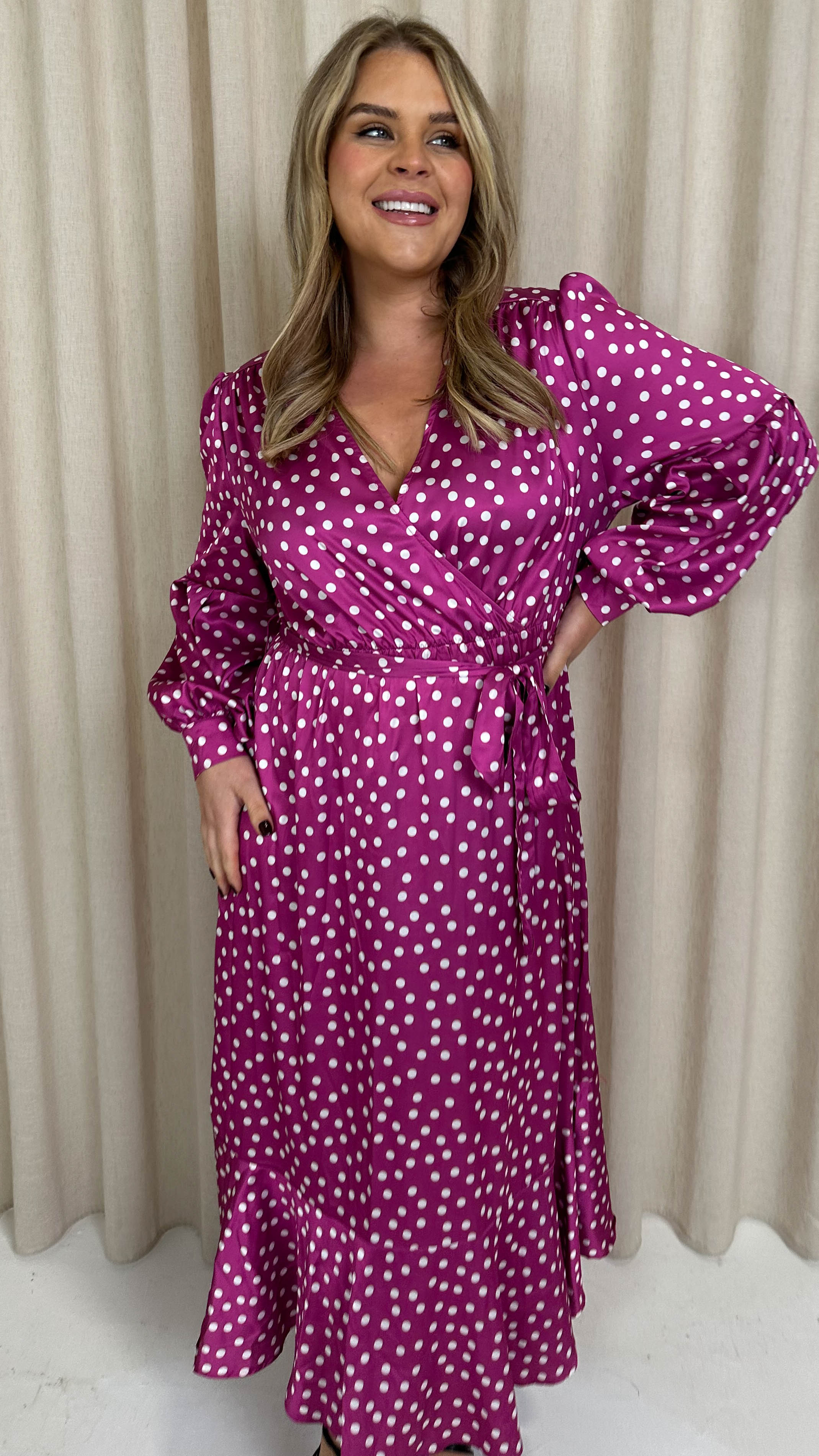 CurveWow Printed Wrap Dress Magenta Spot