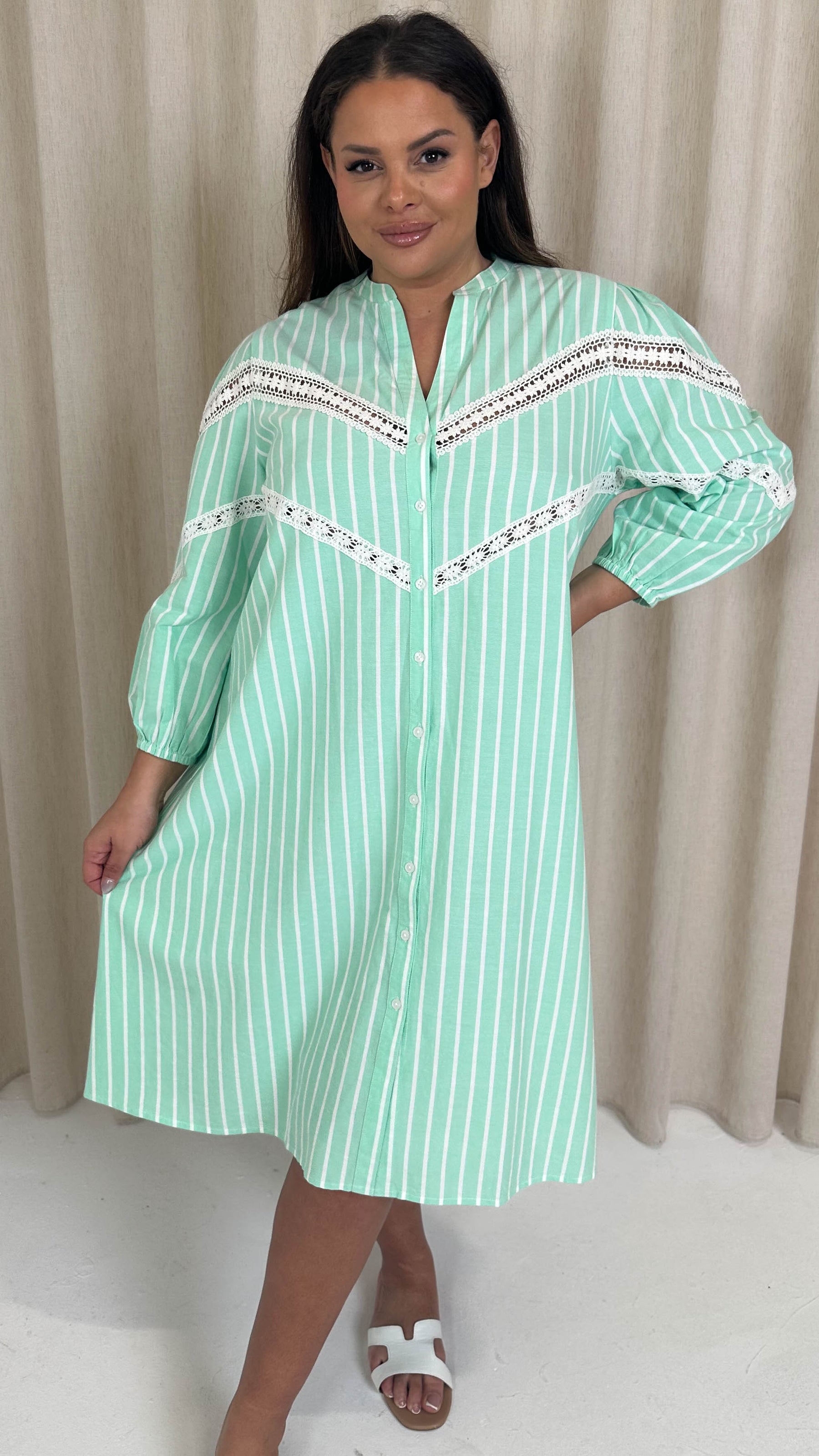 CurveWow Striped Shirt Dress Green Stripe Curvewow CurveWow Striped Shirt Dress Green Stripe Curvewow