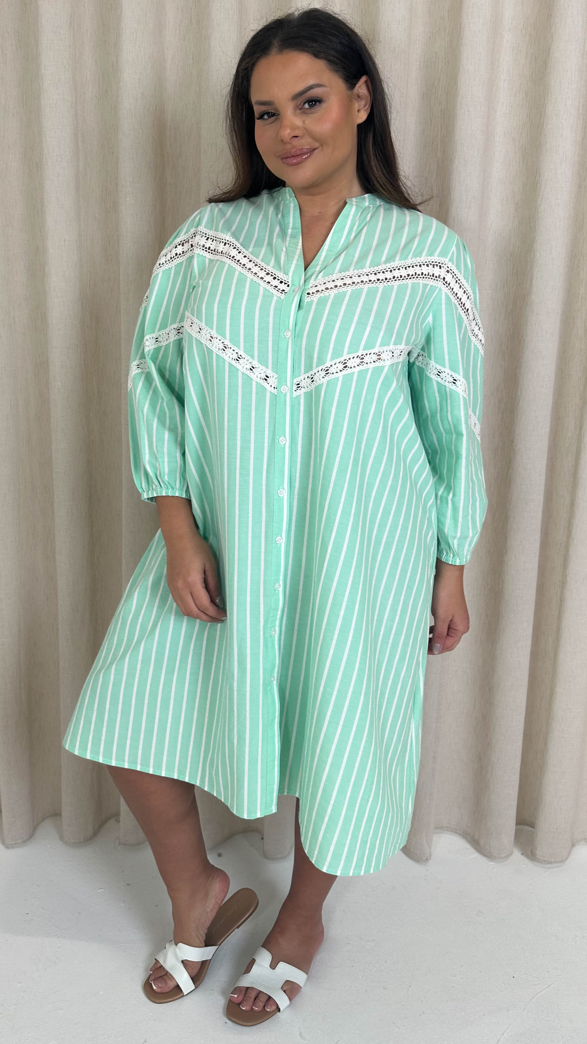 CurveWow Striped Shirt Dress Green Stripe
