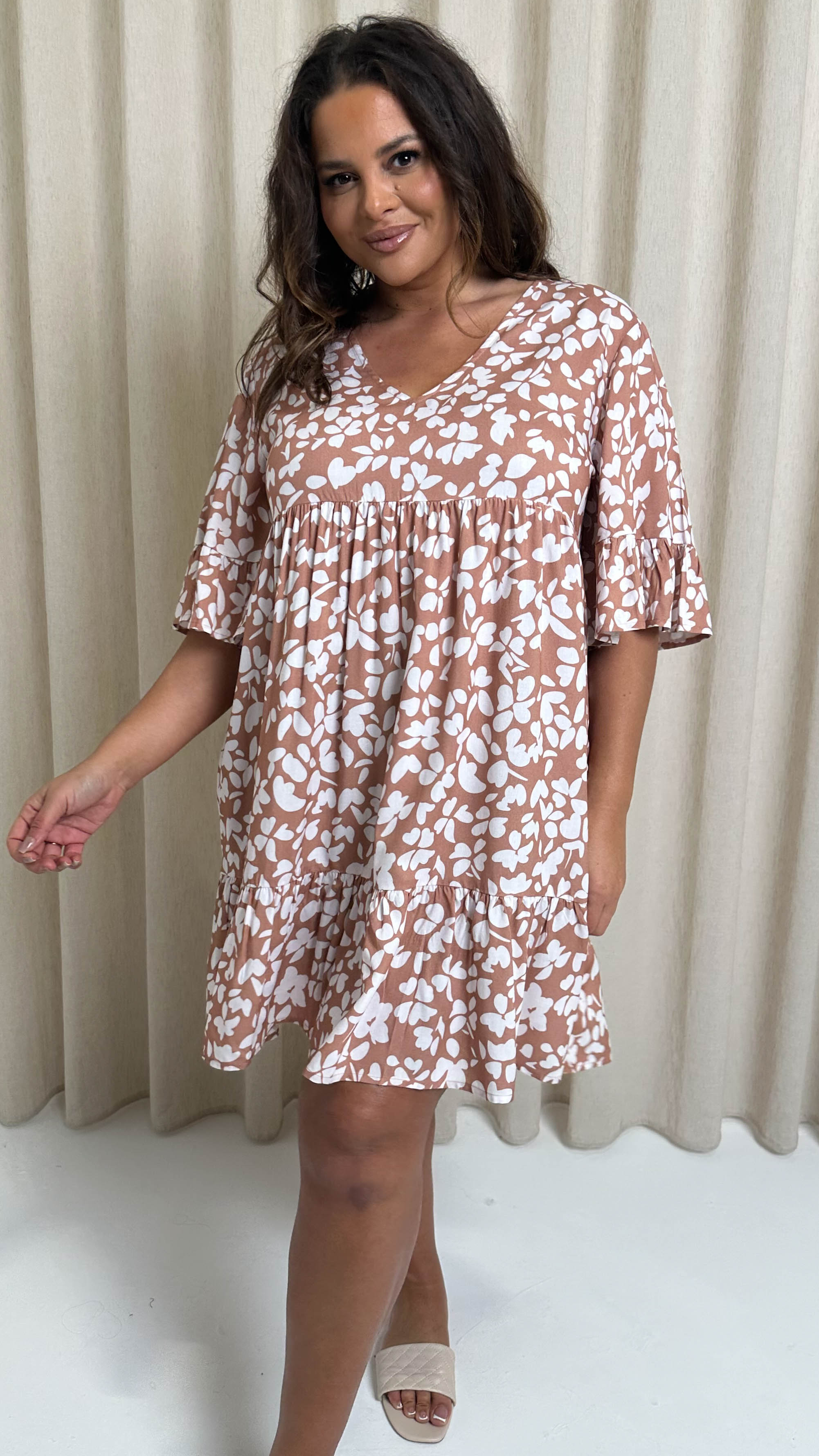CurveWow V Neck Frill Sleeve Smock Dress Taupe Floral