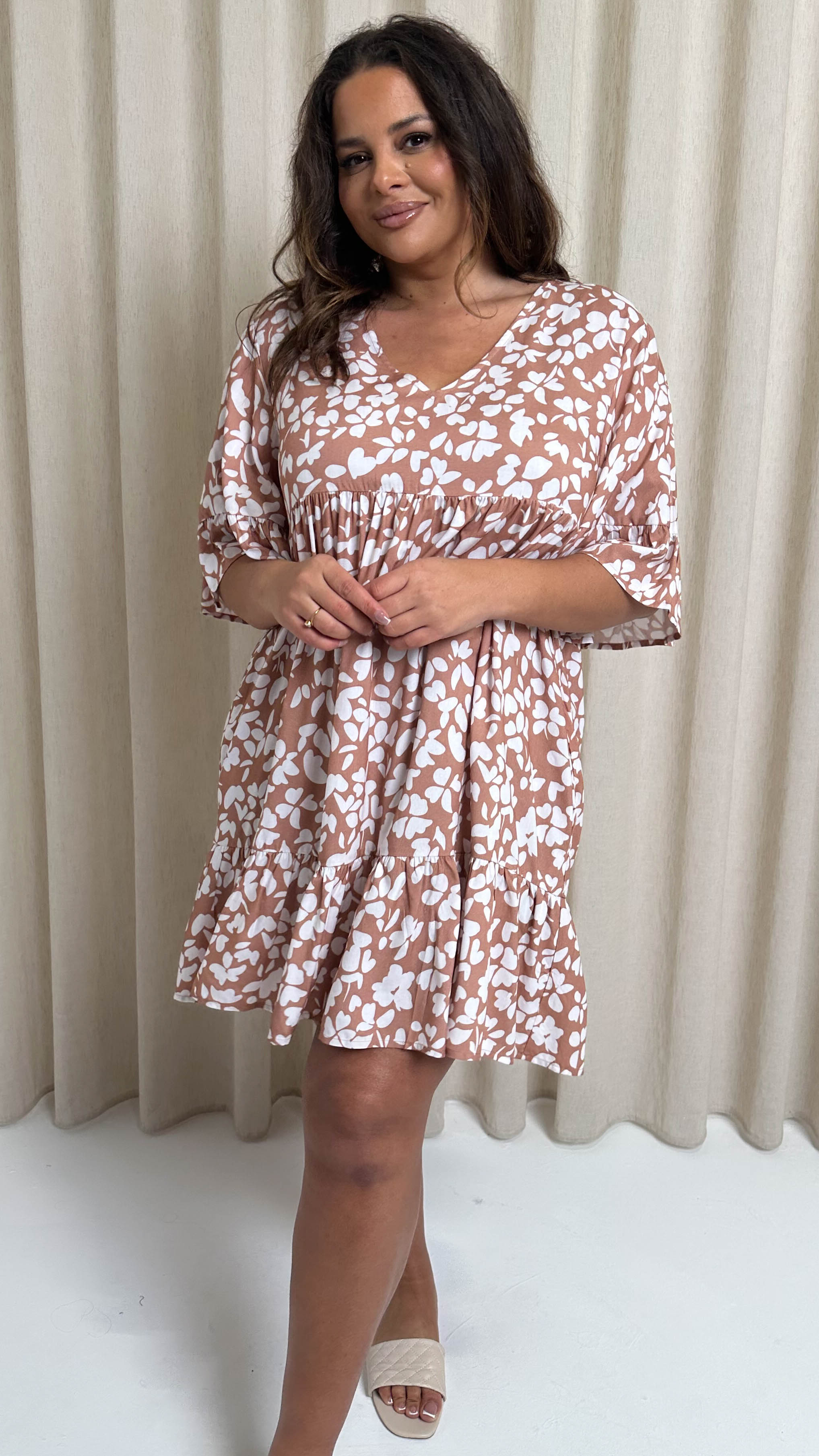 CurveWow V Neck Frill Sleeve Smock Dress Taupe Floral