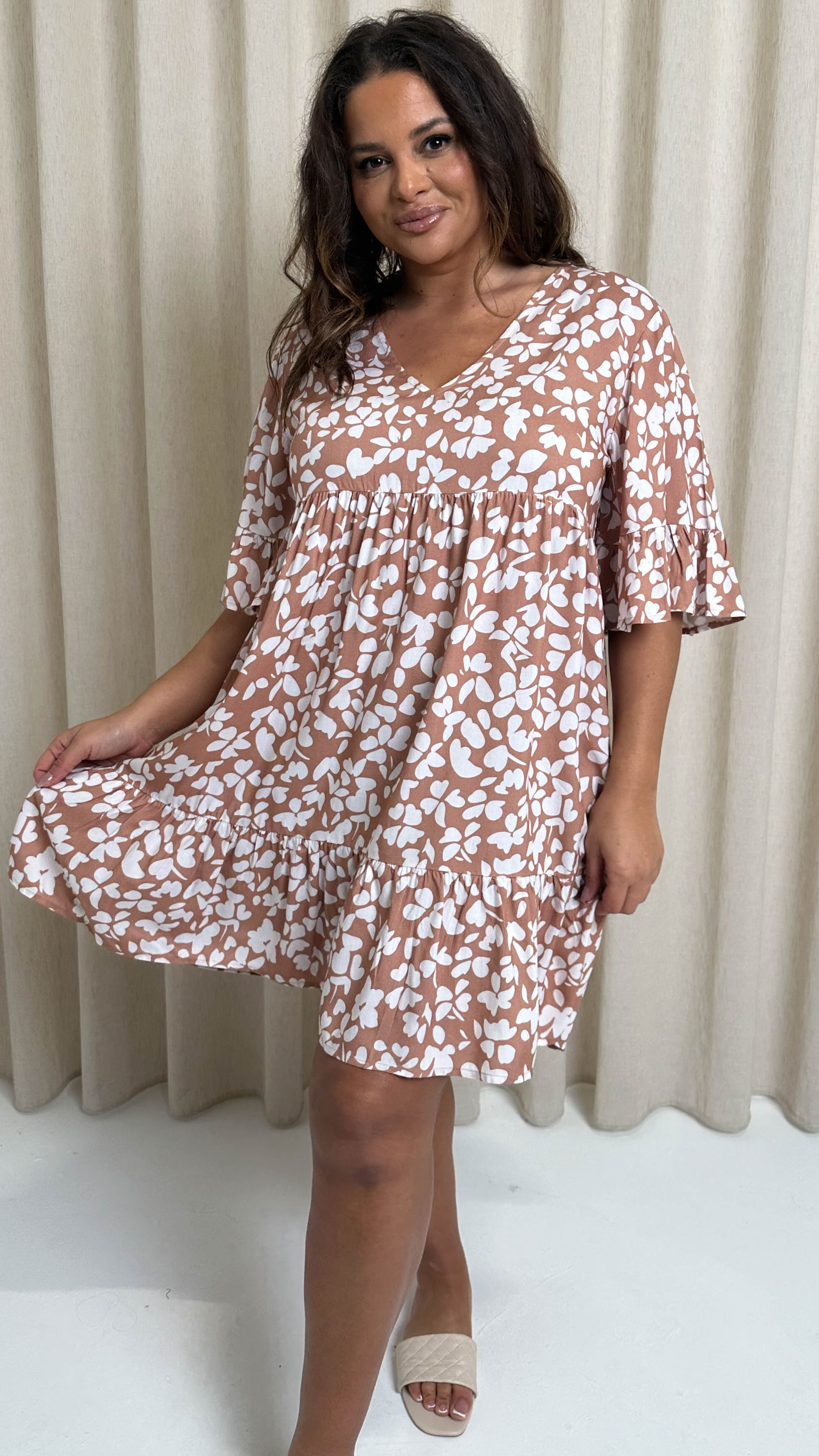 CurveWow V Neck Frill Sleeve Smock Dress Taupe Floral