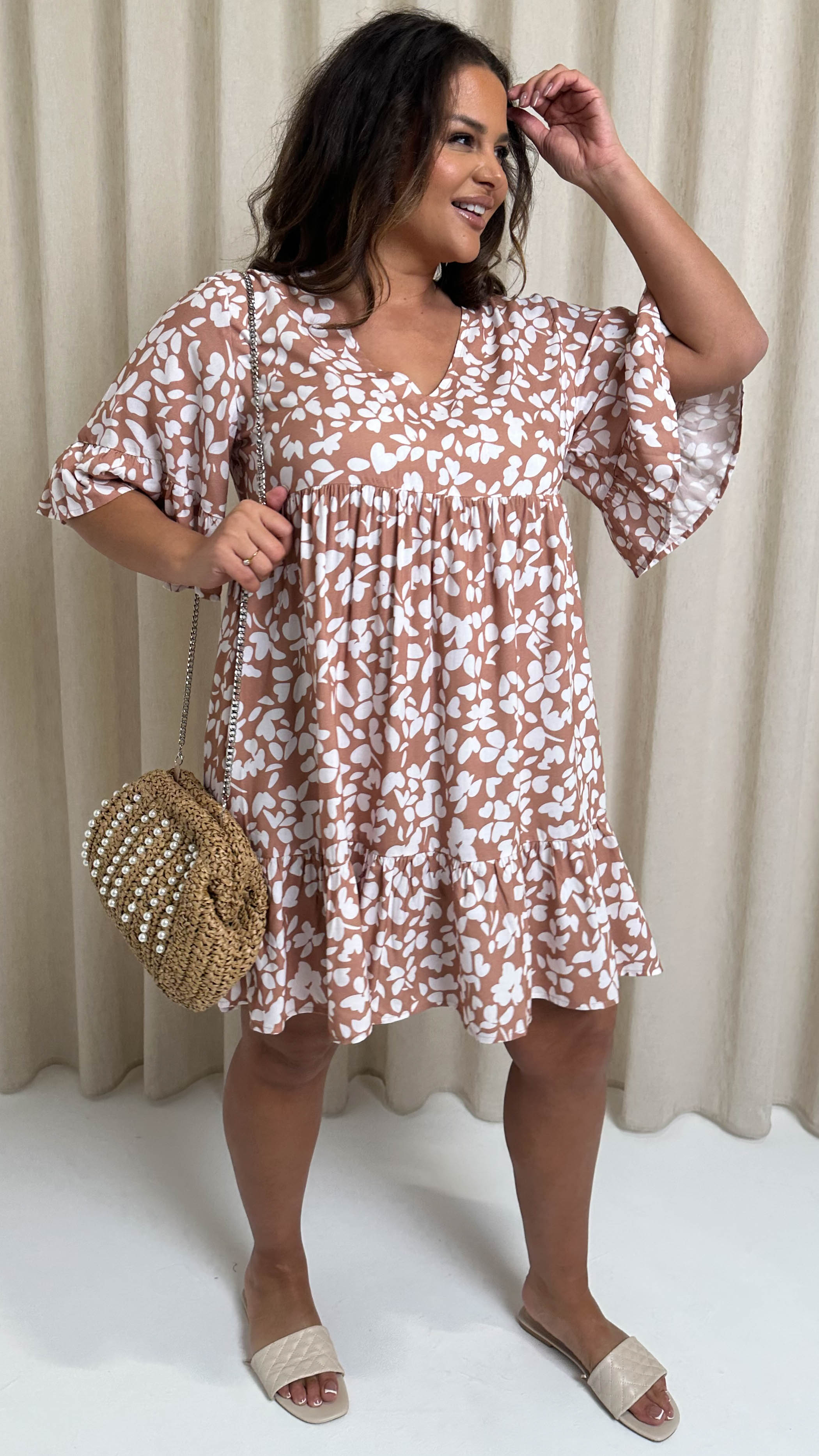 CurveWow V Neck Frill Sleeve Smock Dress Taupe Floral