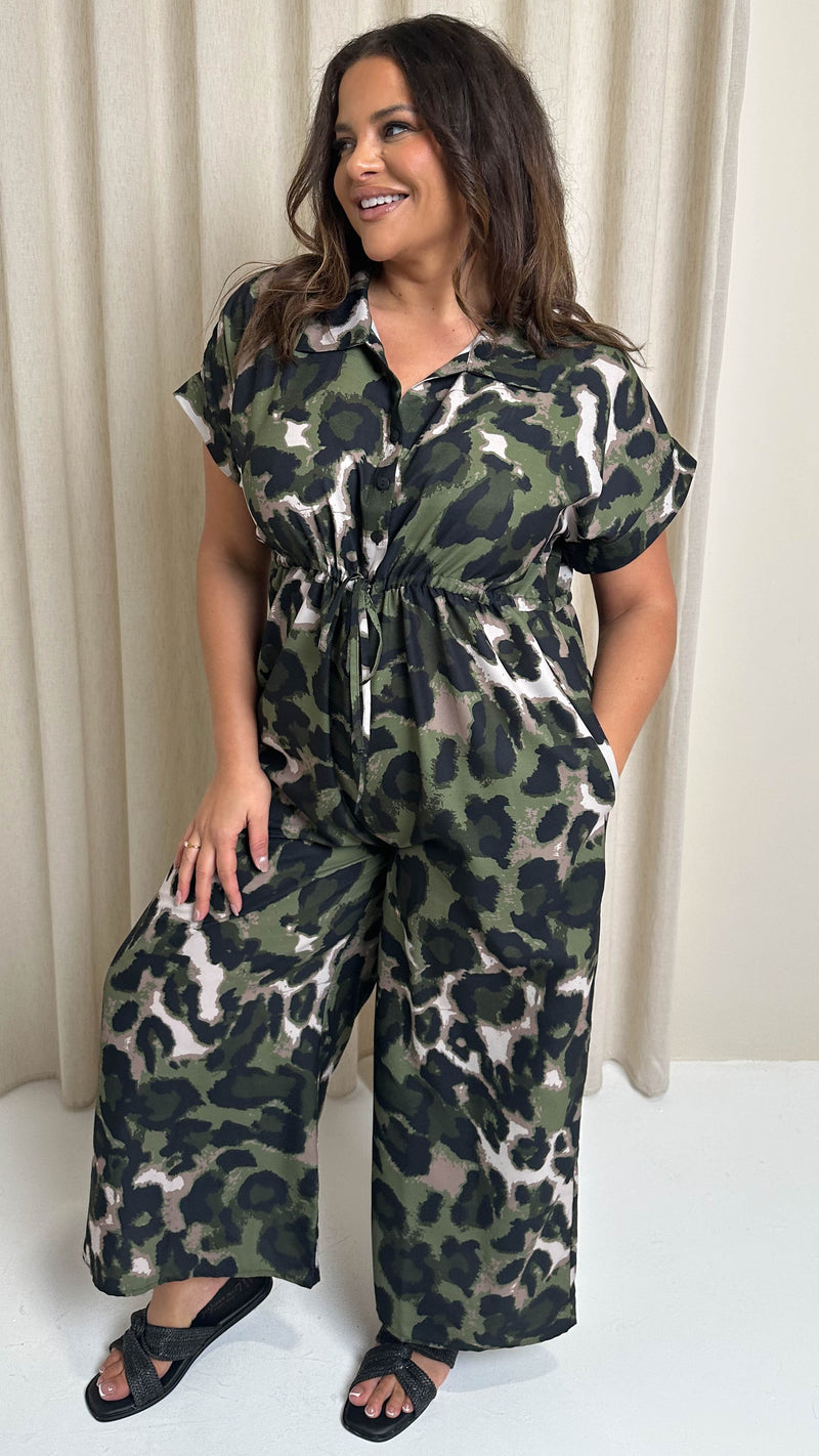 CurveWow Printed Utility Jumpsuit Green Animal