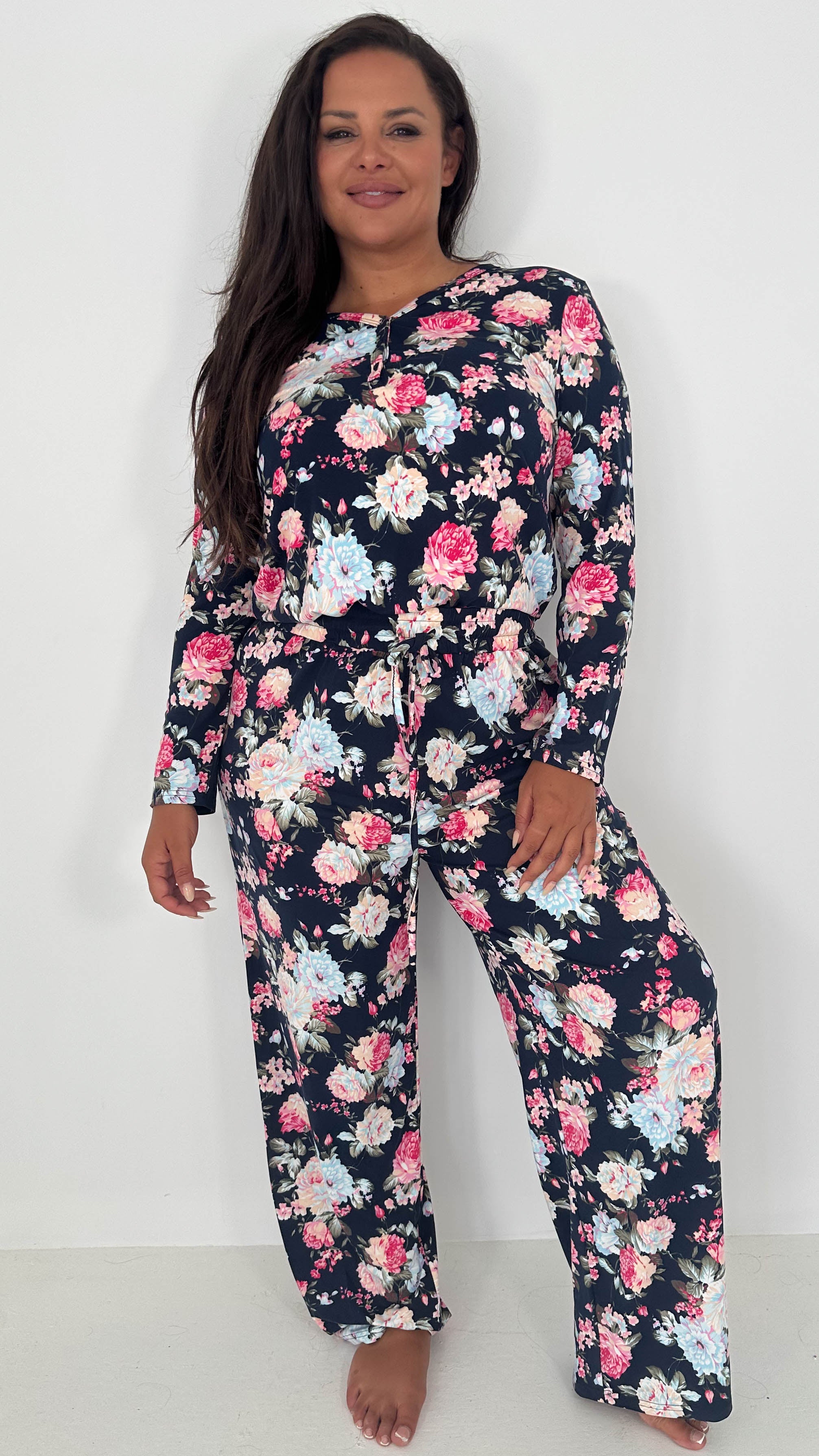 CurveWow Floral Print Pyjama Set Navy